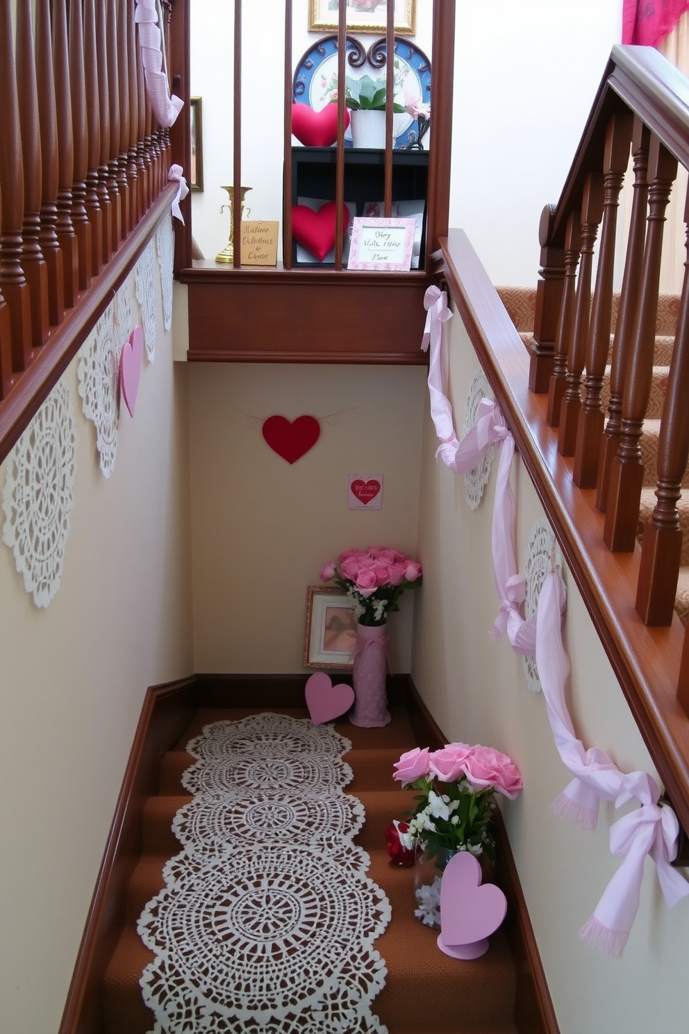 A charming staircase adorned with lace doilies under decorative items creates an inviting atmosphere. The doilies softly contrast with the rich wood of the staircase, enhancing the elegance of the decor. For Valentine's Day, the staircase is tastefully decorated with soft pink and red accents. Heart-shaped decorations and delicate floral arrangements add a romantic touch to the overall design.