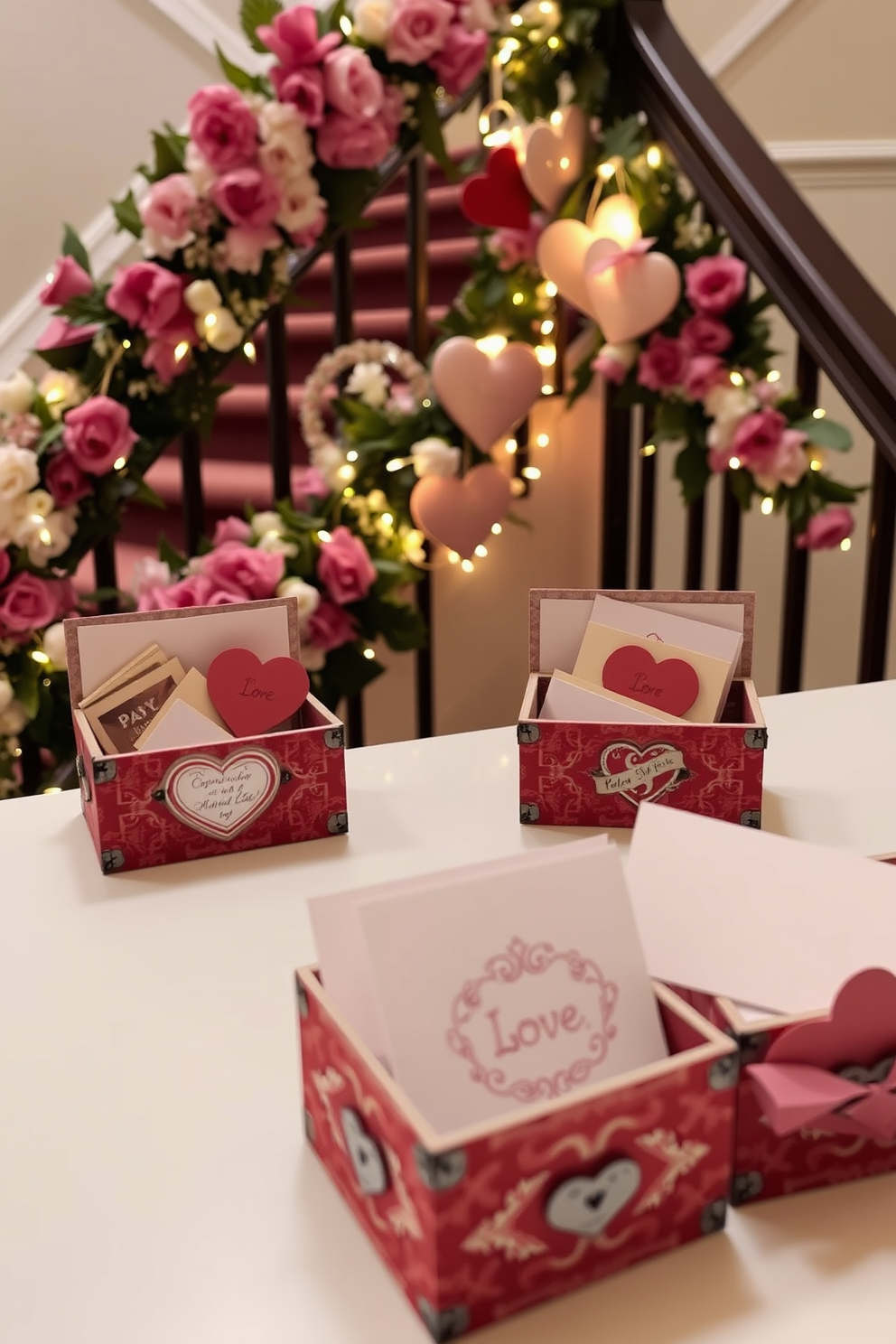 Miniature love letters are elegantly arranged in decorative boxes crafted from vintage materials. Each box features intricate designs, showcasing a romantic theme perfect for Valentine's Day. The staircase is adorned with garlands of fresh flowers and twinkling fairy lights. Heart-shaped decorations hang from the railing, creating a warm and inviting atmosphere for the celebration.