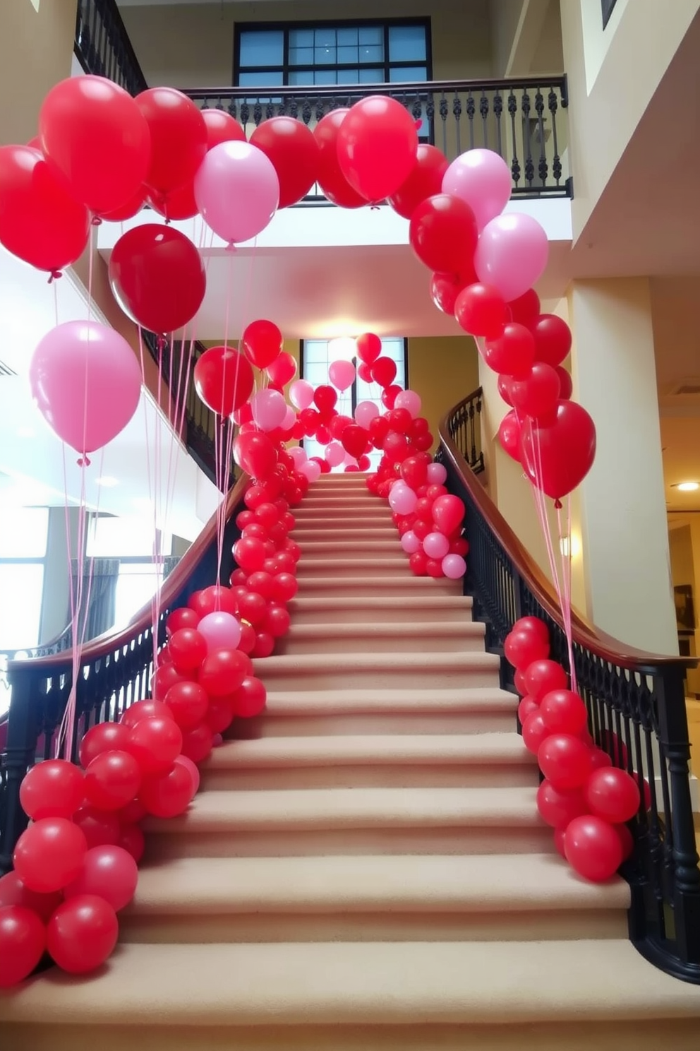 A vibrant display of red and pink balloon garlands gracefully cascading down a grand staircase. The balloons are arranged in varying sizes, creating a festive and romantic atmosphere perfect for Valentine's Day celebrations.