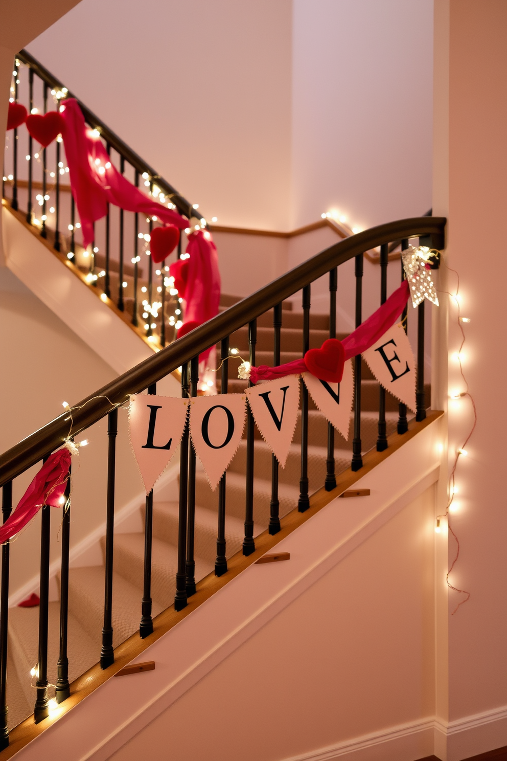 Create a romantic staircase setting for Valentine's Day. Banners spelling out love are elegantly draped across the railing, complemented by soft fairy lights that twinkle gently in the background.