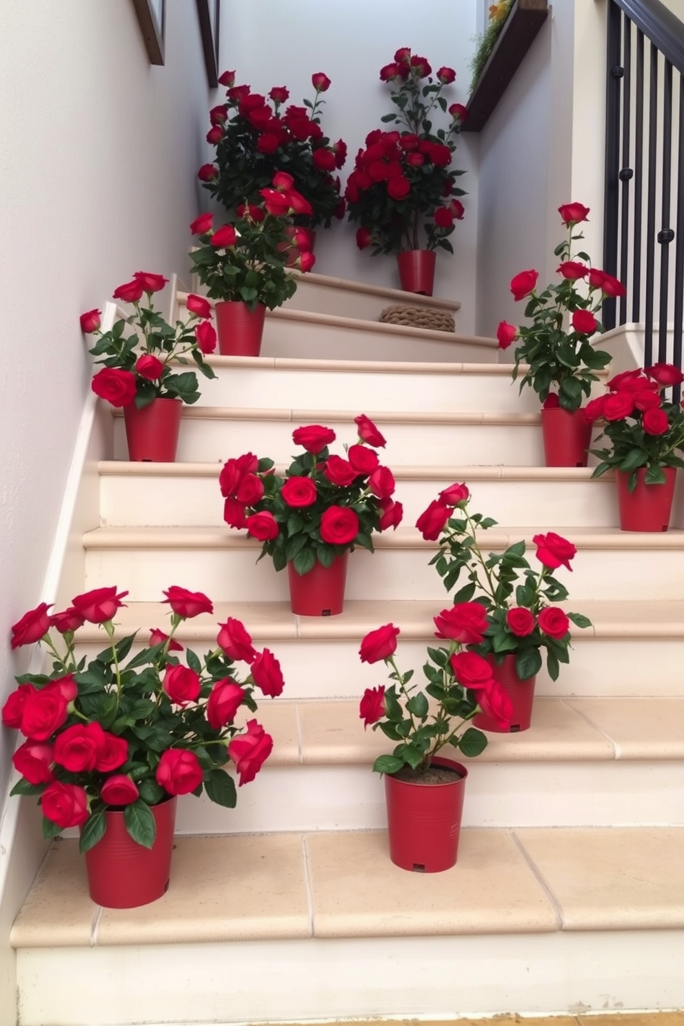 A charming staircase adorned with potted red roses placed on each step. The roses are vibrant and lush, creating a romantic atmosphere perfect for Valentine's Day celebrations.