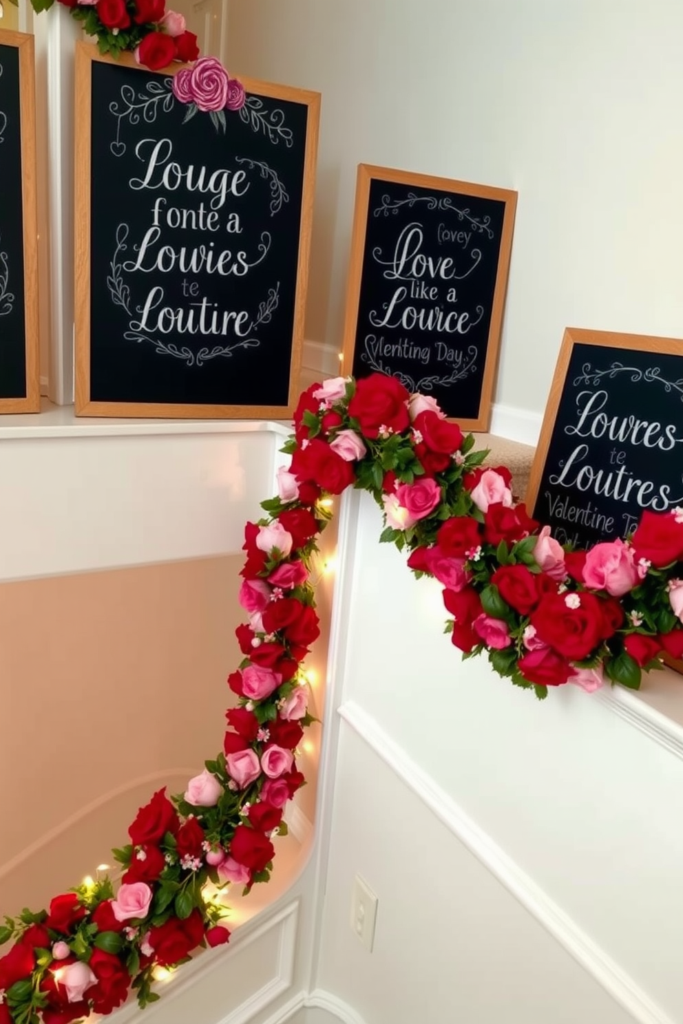 Chalkboard signs adorned with heartfelt love messages are placed strategically throughout the space. Each sign features elegant handwritten lettering, surrounded by whimsical doodles and floral accents. The staircase is beautifully decorated for Valentine's Day, with garlands of red and pink flowers intertwined along the banister. Soft fairy lights twinkle among the decorations, creating a warm and inviting atmosphere.