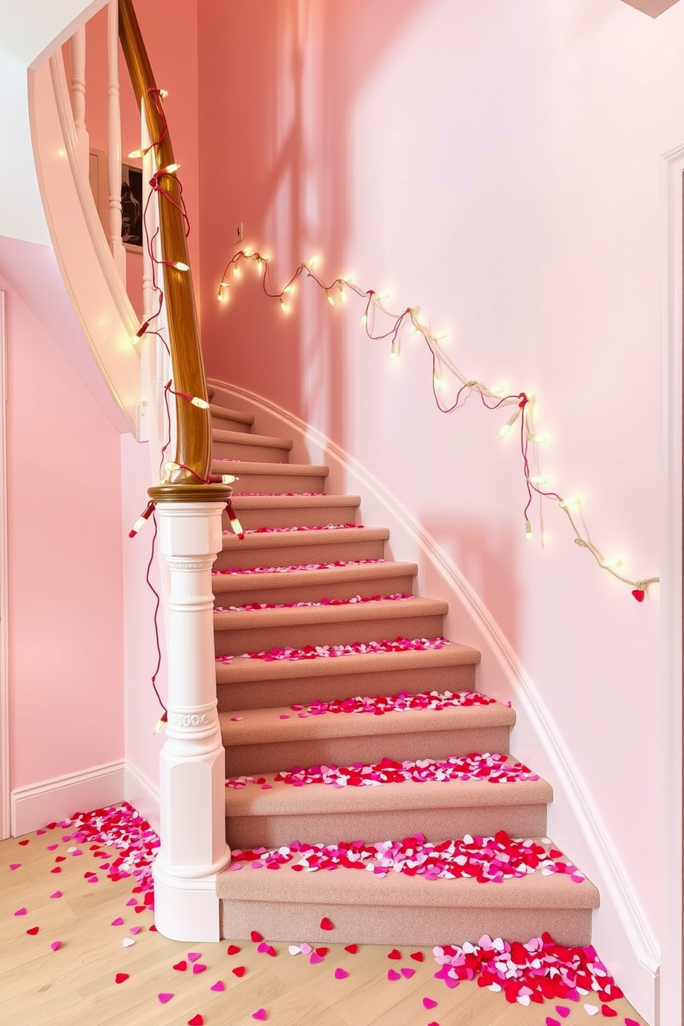 A stunning staircase adorned with seasonal garlands featuring vibrant red roses intertwined with lush greenery. The garlands gracefully drape along the banister, creating a romantic and festive atmosphere perfect for Valentine's Day celebrations.