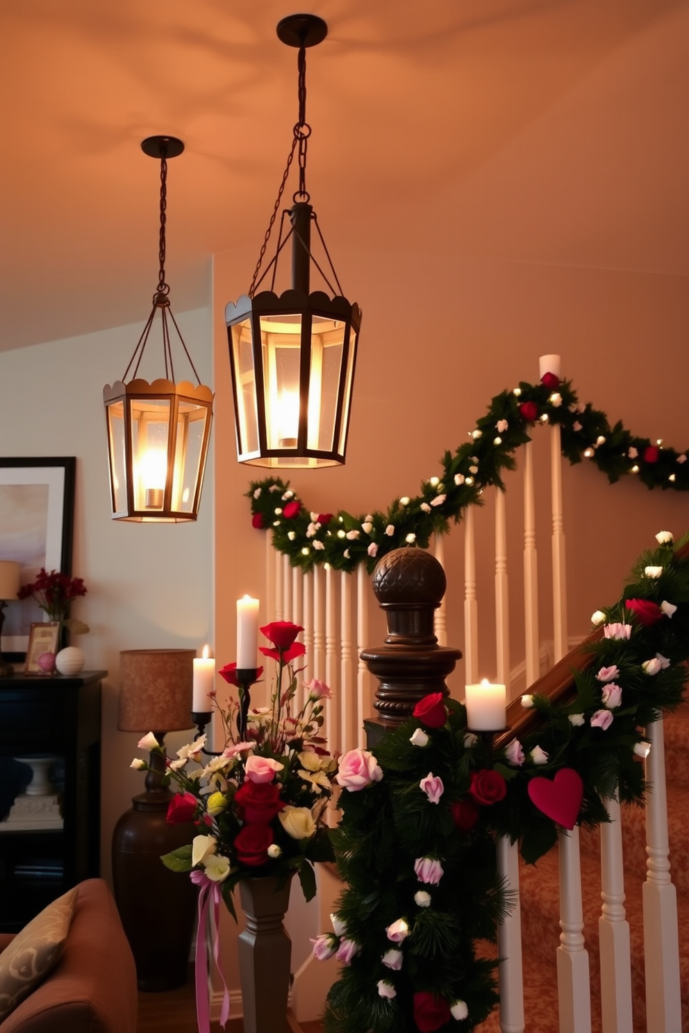 Hanging lanterns with soft lighting create an inviting ambiance in a cozy living space. The warm glow of the lanterns casts gentle shadows, enhancing the beauty of the surrounding decor. A staircase adorned with elegant garlands and candles sets a romantic scene for Valentine's Day. Fresh flowers and heart-shaped accents add a charming touch, making the space feel festive and welcoming.