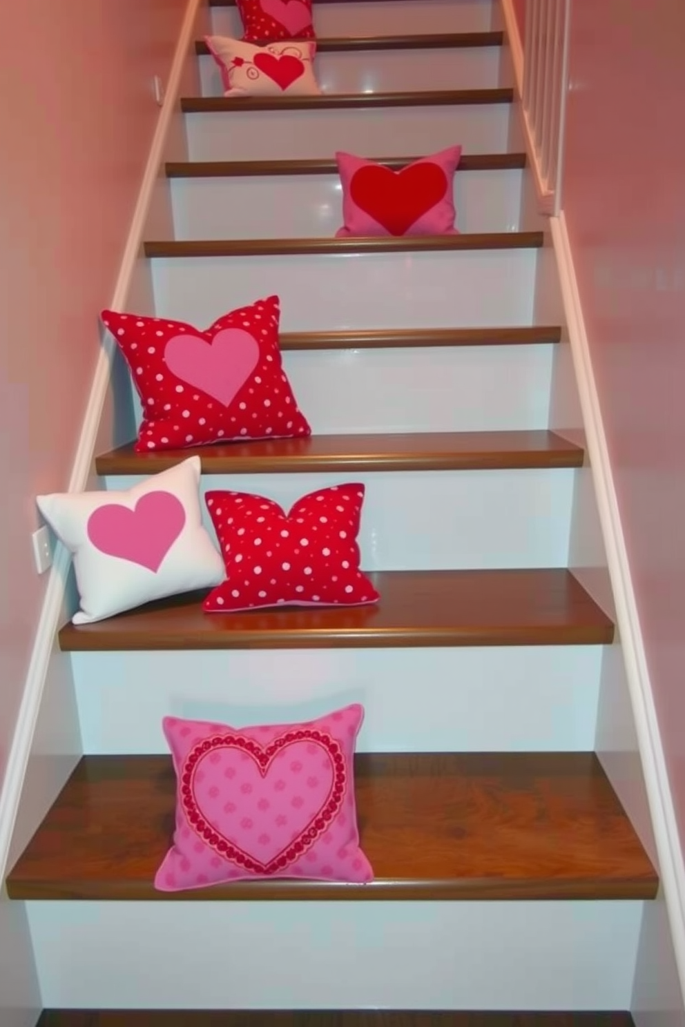 Valentine themed cushions are placed on each stair tread, featuring a mix of red and pink hues with heart patterns. The staircase is adorned with soft lighting, creating a warm and inviting atmosphere for the Valentine's Day celebration.