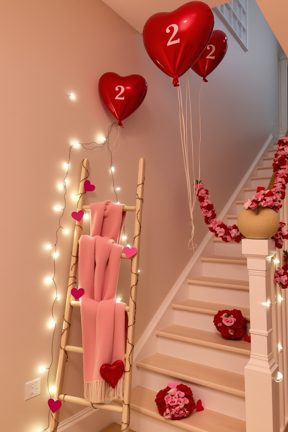 A decorative ladder with heart accents leans against the wall, adorned with soft white fairy lights that create a warm ambiance. The ladder is draped with pastel-colored blankets and heart-shaped garlands, adding a whimsical touch to the space. The staircase is elegantly decorated for Valentine's Day, featuring red and pink floral arrangements on each step. Heart-shaped balloons float gently above, enhancing the festive atmosphere and inviting warmth throughout the home.