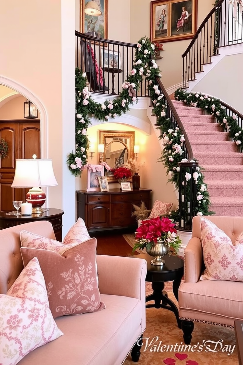 Seasonal throw pillows on seating areas create a warm and inviting atmosphere. Choose a variety of colors and patterns that reflect the current season for a cohesive look. A grand staircase adorned with elegant decor captures attention in any entryway. Use garlands, candles, and artwork to enhance the staircase's architectural features. Valentines Day decorating ideas include soft pinks and reds throughout the space. Incorporate heart-shaped accents and romantic lighting to set the mood for love.