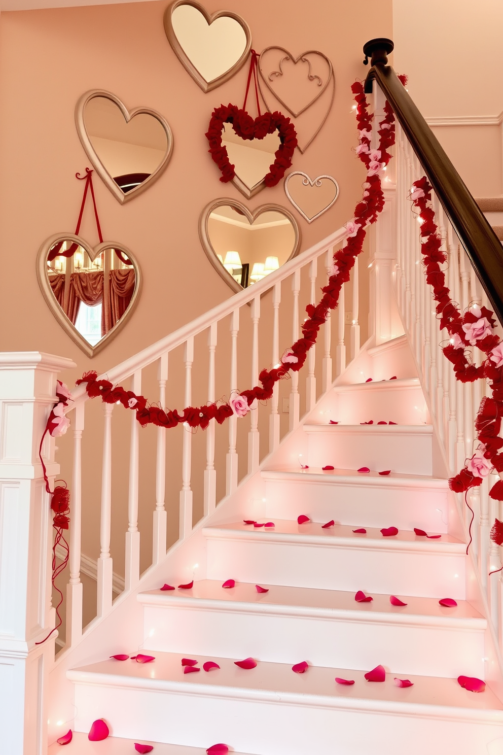 Sweetheart candy jars are artfully arranged on the steps of a grand staircase. The jars are filled with an assortment of colorful candies, creating a festive and inviting atmosphere for Valentine's Day. Delicate garlands of faux roses and hearts drape elegantly along the banister. Soft, warm lighting enhances the romantic feel, making the staircase a perfect focal point for holiday celebrations.