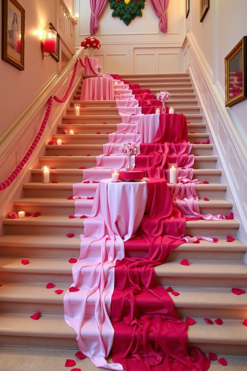 A romantic staircase adorned with Valentine themed table settings. Delicate pink and red table linens cascade down the steps, complemented by heart-shaped candles and scattered rose petals.