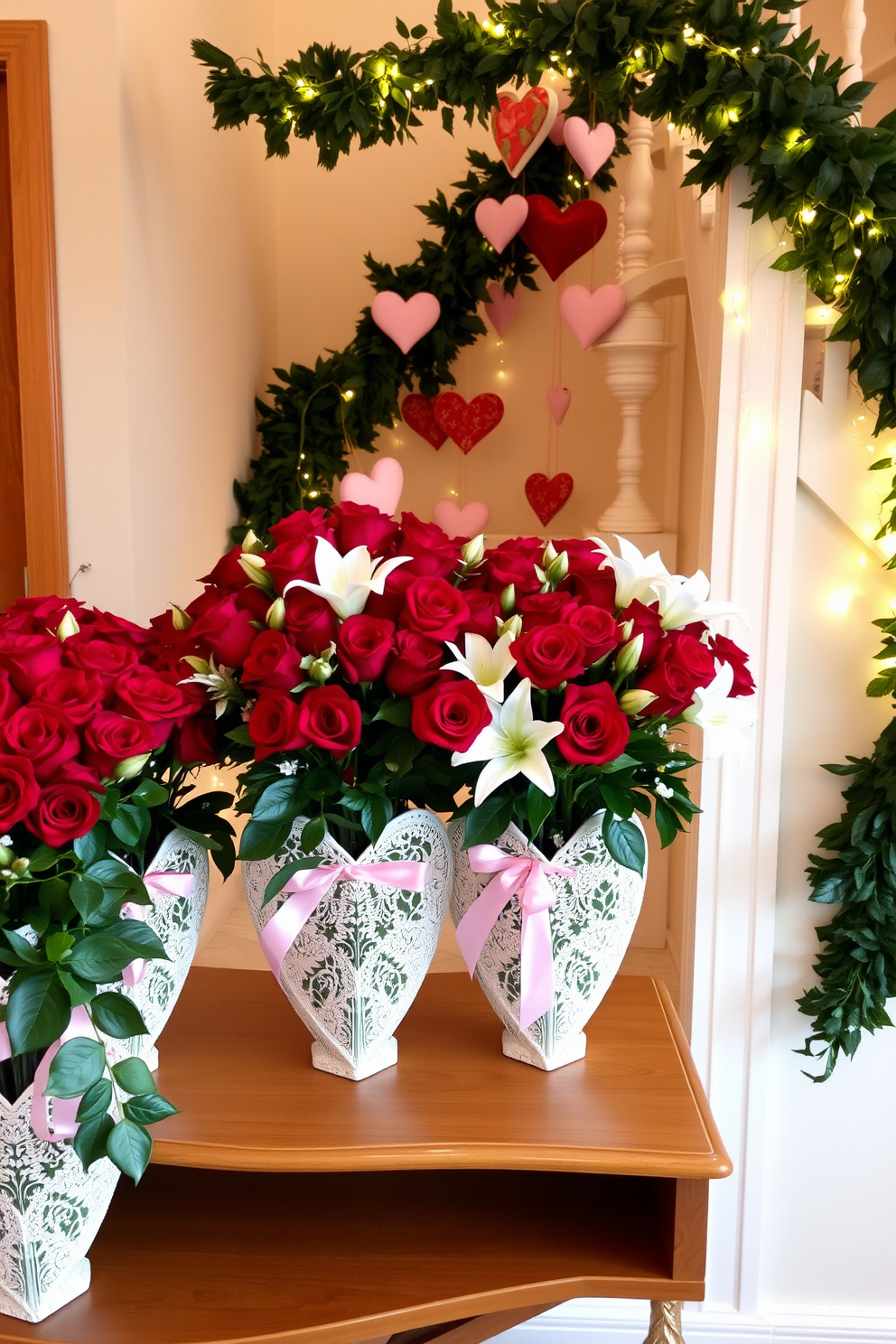 Floral arrangements in heart-shaped vases filled with vibrant red roses and delicate white lilies are placed on a wooden console table. The vases are adorned with intricate lace detailing, creating a romantic atmosphere perfect for Valentine's Day. The staircase is elegantly draped with lush greenery and soft pink ribbons, leading to a charming display of heart-shaped decorations. Twinkling fairy lights are intertwined with the garland, adding a warm glow to the festive decor.