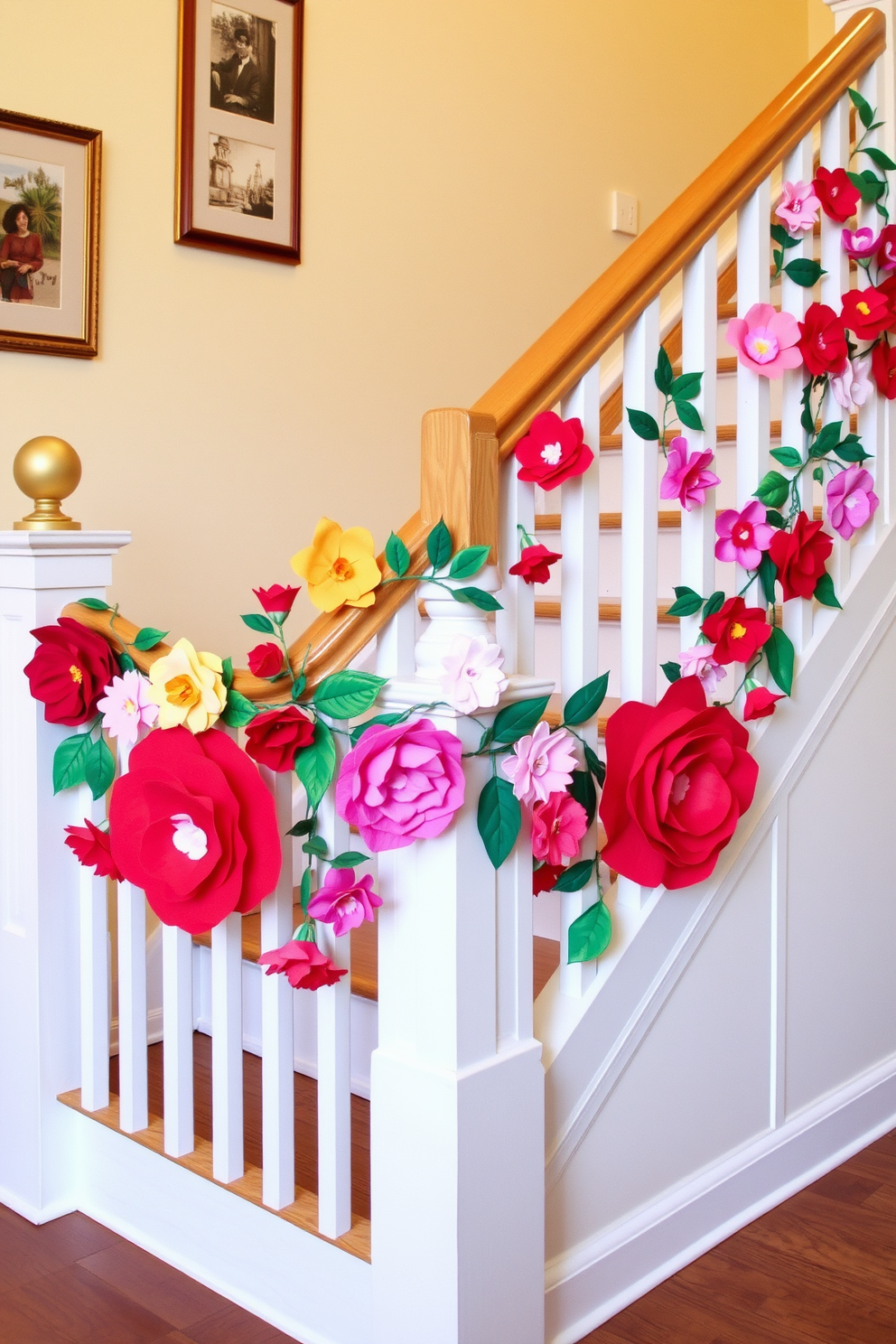 A charming staircase adorned with crafted paper flowers gracefully drapes along the railing. The vibrant colors of the flowers create a festive atmosphere, perfect for celebrating Valentine's Day.