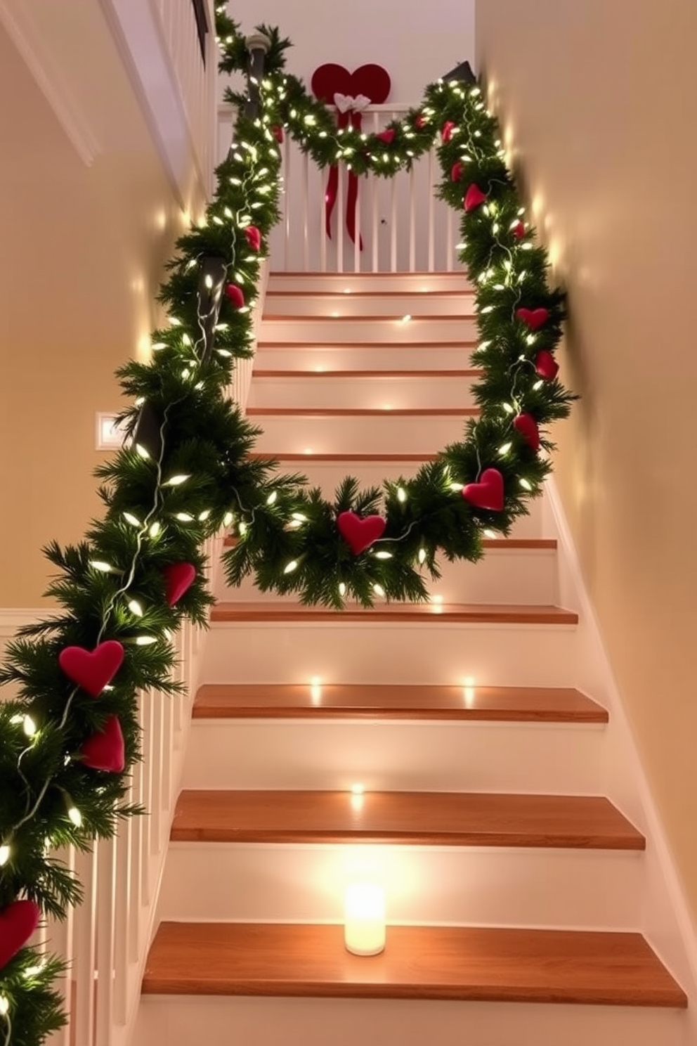 Floral arrangements in heart vases create a romantic atmosphere. The vibrant blooms in shades of red and pink are complemented by the unique shape of the vases. The staircase is adorned with delicate garlands of greenery and fairy lights. Heart-shaped decorations are strategically placed along the banister to enhance the Valentine's Day theme.