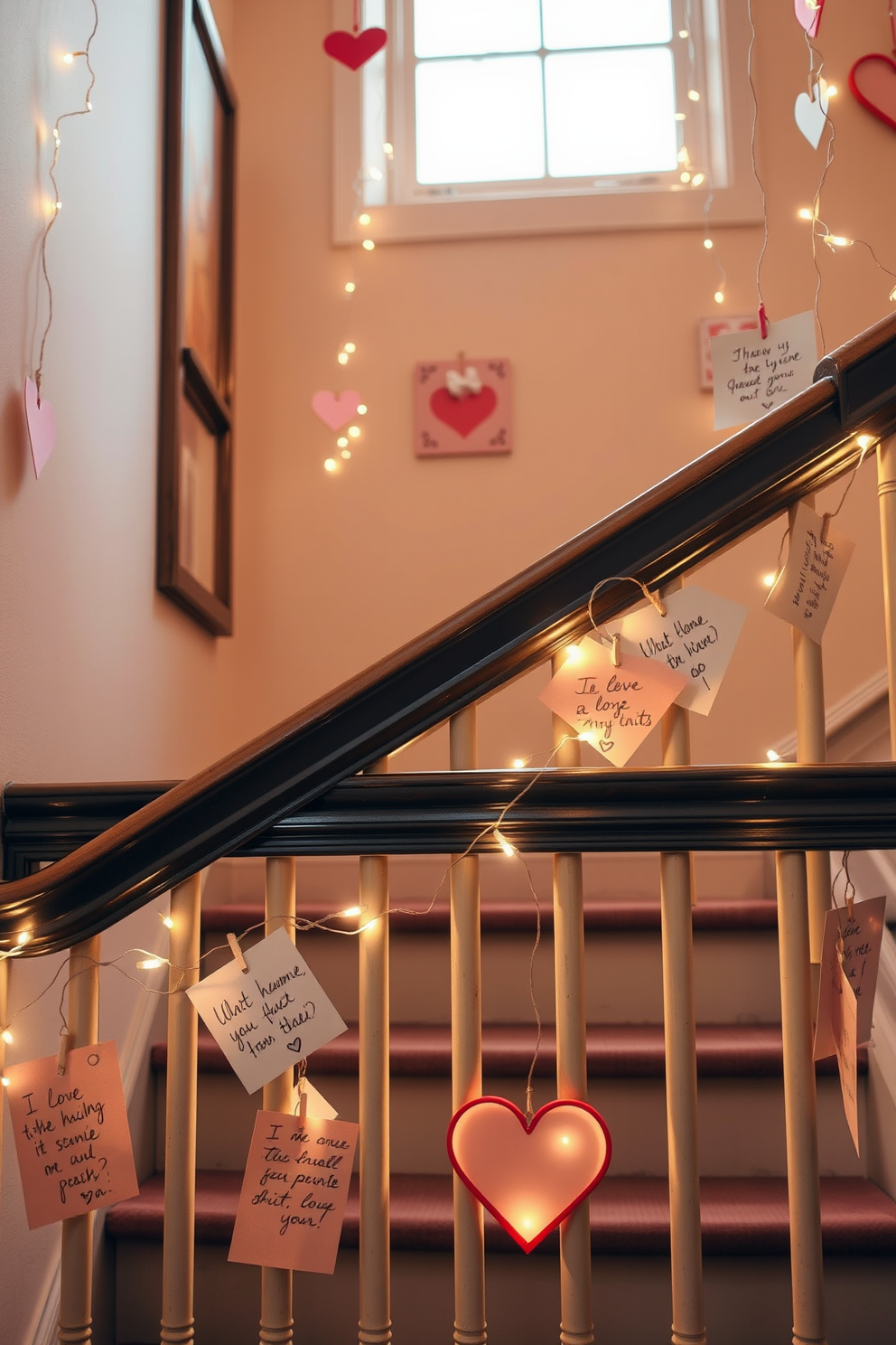 A charming display of DIY heart wreaths adorns the staircase walls, each wreath crafted from vibrant red and pink materials. The soft glow of fairy lights twinkles around the wreaths, creating a warm and inviting atmosphere for Valentine's Day. The staircase is beautifully decorated with garlands intertwined with heart-shaped ornaments, enhancing the festive spirit. Plush cushions in coordinating colors are placed on the staircase steps, inviting guests to pause and enjoy the romantic decor.