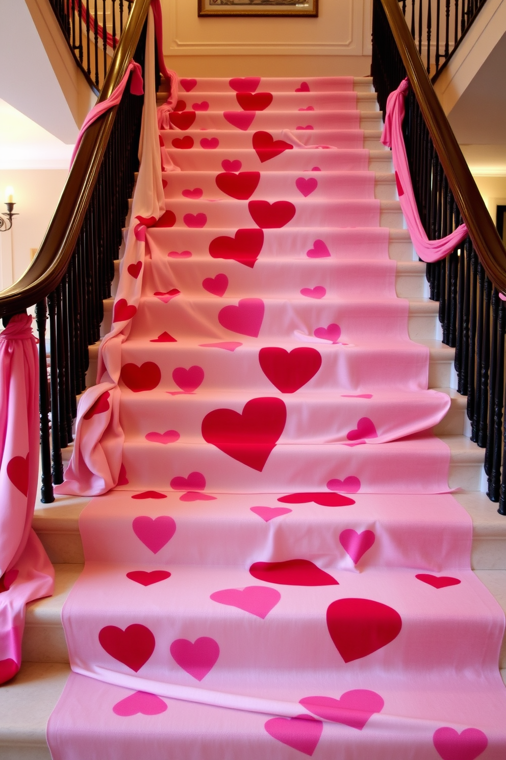 Heart themed fabric draped elegantly along the steps of a grand staircase creates a romantic atmosphere. The soft fabric features various shades of red and pink, enhancing the festive spirit of Valentine's Day.