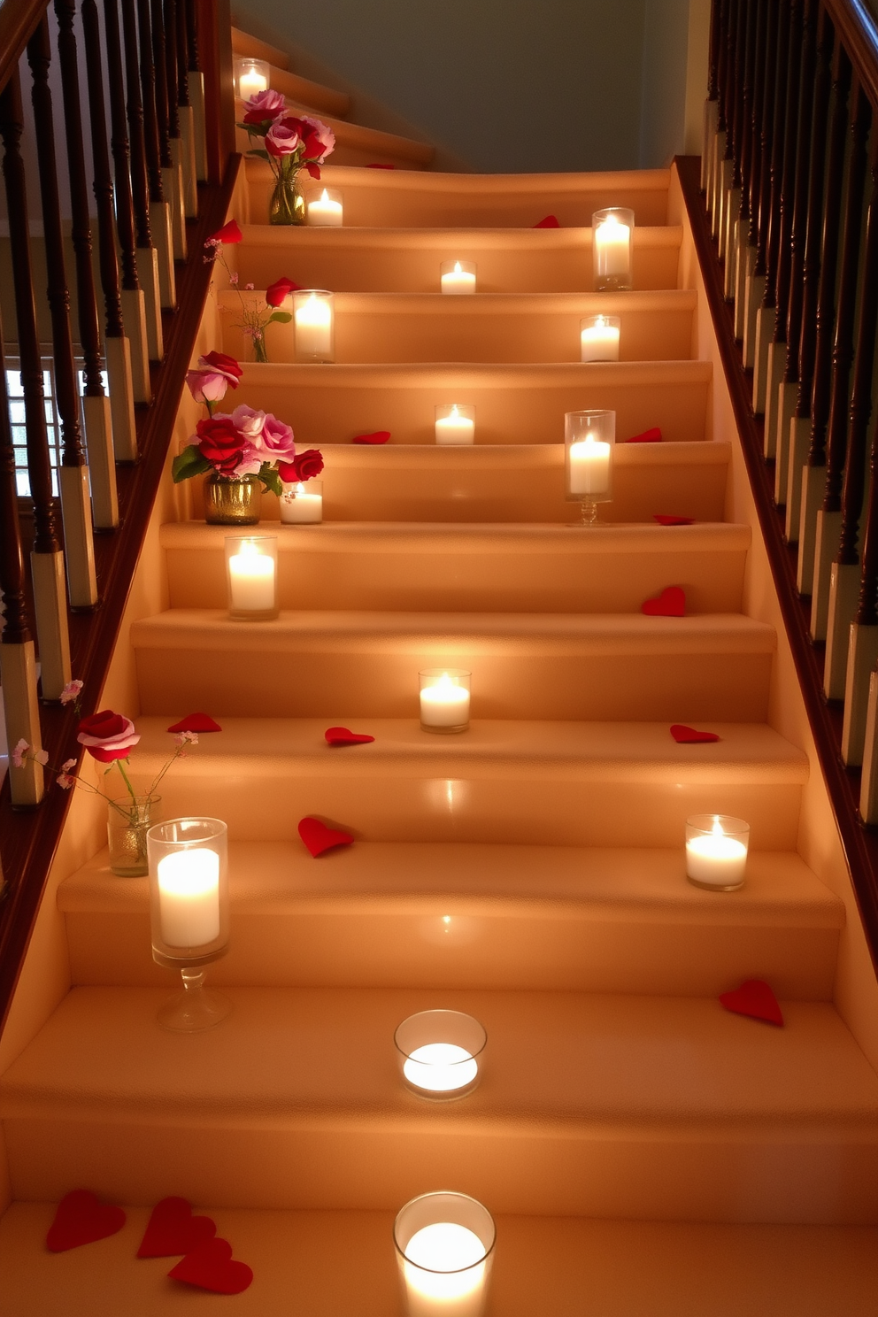 A romantic staircase adorned with hanging paper lanterns featuring love quotes in elegant calligraphy. The warm glow of the lanterns casts a soft light, creating an inviting atmosphere perfect for Valentine's Day celebrations.