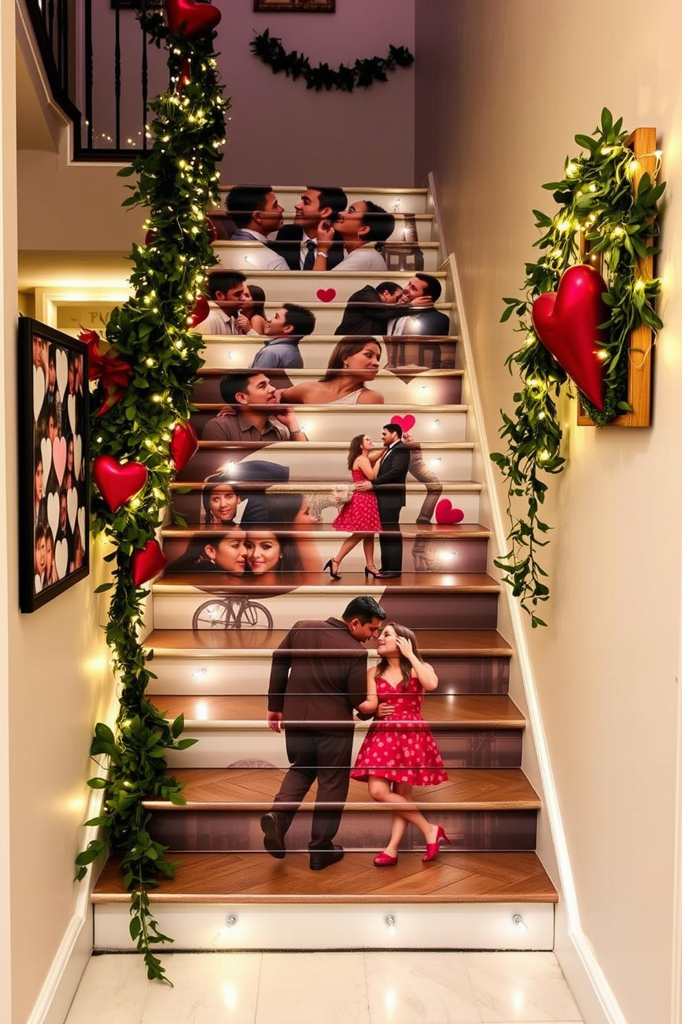 A charming staircase adorned with a Valentine themed photo display. Strings of heart-shaped photos hang gracefully along the steps, capturing sweet moments and memories.