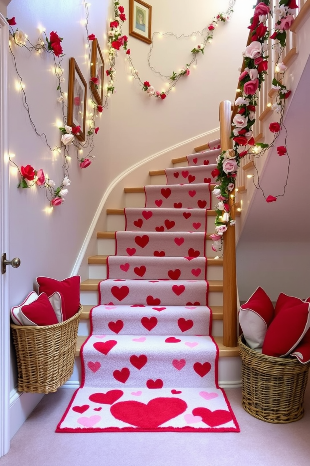 A charming staircase adorned with a Valentine themed stair runner carpet. The carpet features playful hearts in shades of red and pink, creating a romantic atmosphere as you ascend the steps. On the walls, delicate garlands of faux flowers and twinkling fairy lights enhance the festive decor. At the base of the staircase, a basket filled with red and white pillows invites guests to sit and enjoy the holiday spirit.