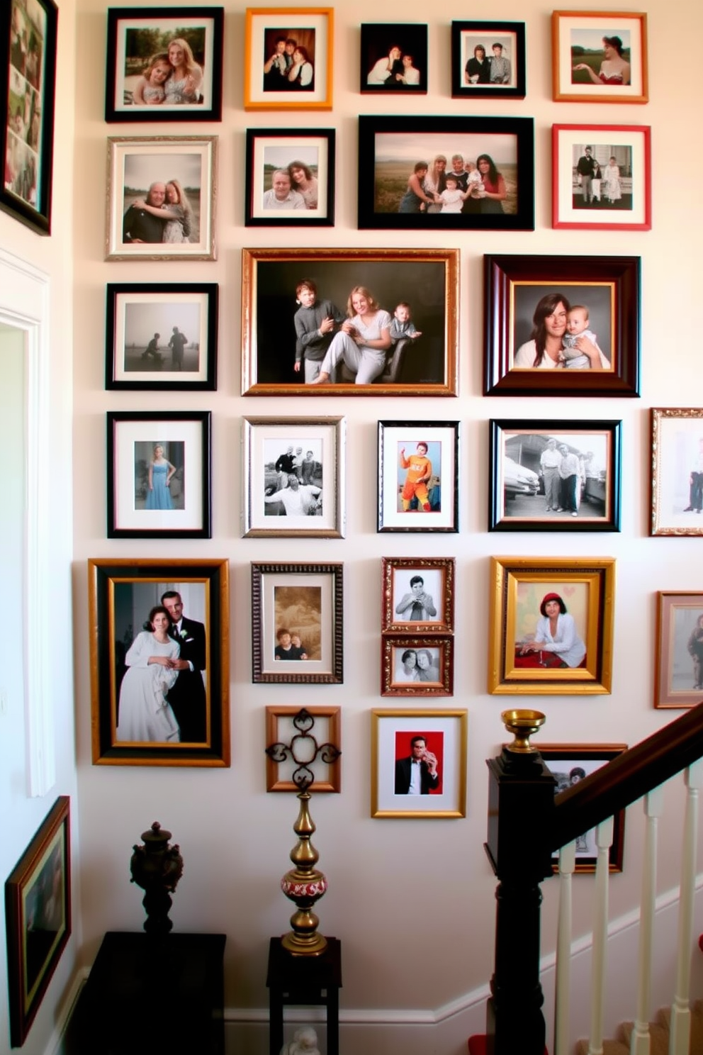 A gallery wall filled with framed family photos in various sizes and styles. The wall features a mix of black and white images alongside colorful prints, creating a vibrant and personal display. A staircase wall adorned with elegant artwork and decorative accents. The design includes a combination of framed paintings and sculptural elements that enhance the visual interest of the staircase.