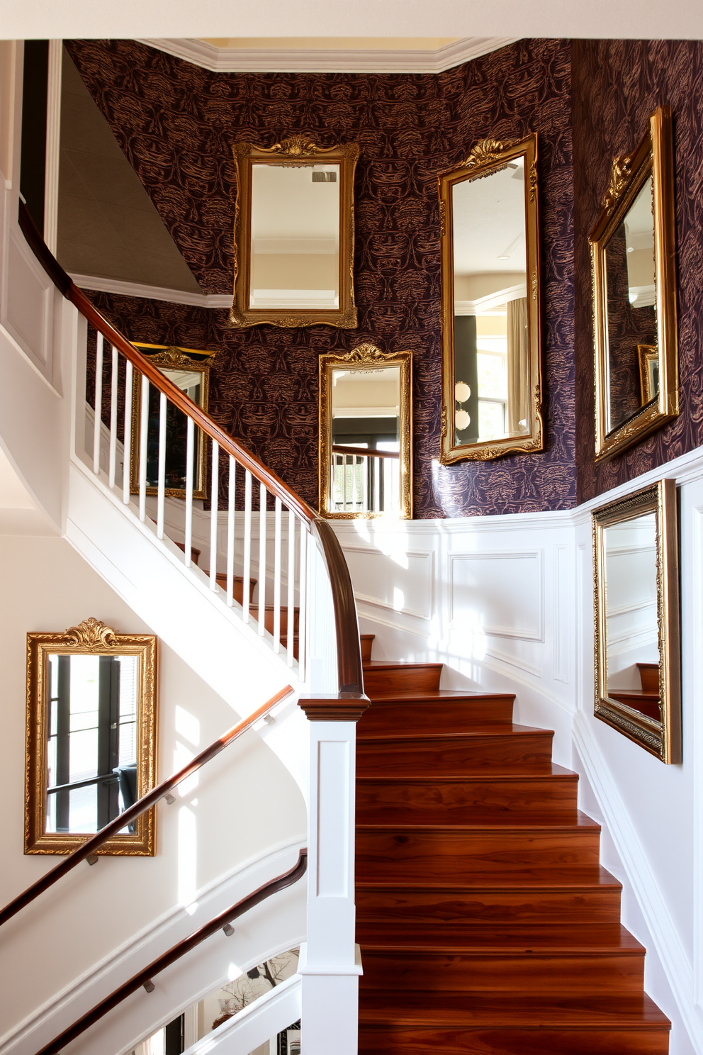 A stunning staircase featuring elegant framed mirrors strategically placed to reflect light and enhance the space. The walls are adorned with a sophisticated design that complements the overall aesthetic, creating a harmonious flow throughout the area. The staircase is crafted from rich hardwood, with a sleek railing that adds a touch of modernity. The framed mirrors are positioned to catch natural light, illuminating the staircase and creating a warm, inviting atmosphere.