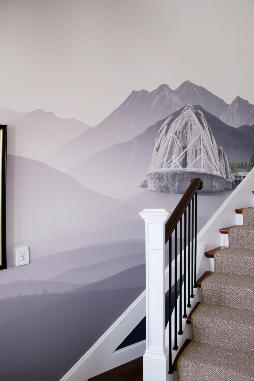 A stunning custom mural depicting a serene landscape covers the wall beside the staircase. The mural features soft colors that blend harmoniously with the surrounding decor, creating a unique focal point. For the staircase wall, consider using a combination of textured wallpaper and framed artwork. This layered approach adds depth and personality, making the ascent an enjoyable visual experience.