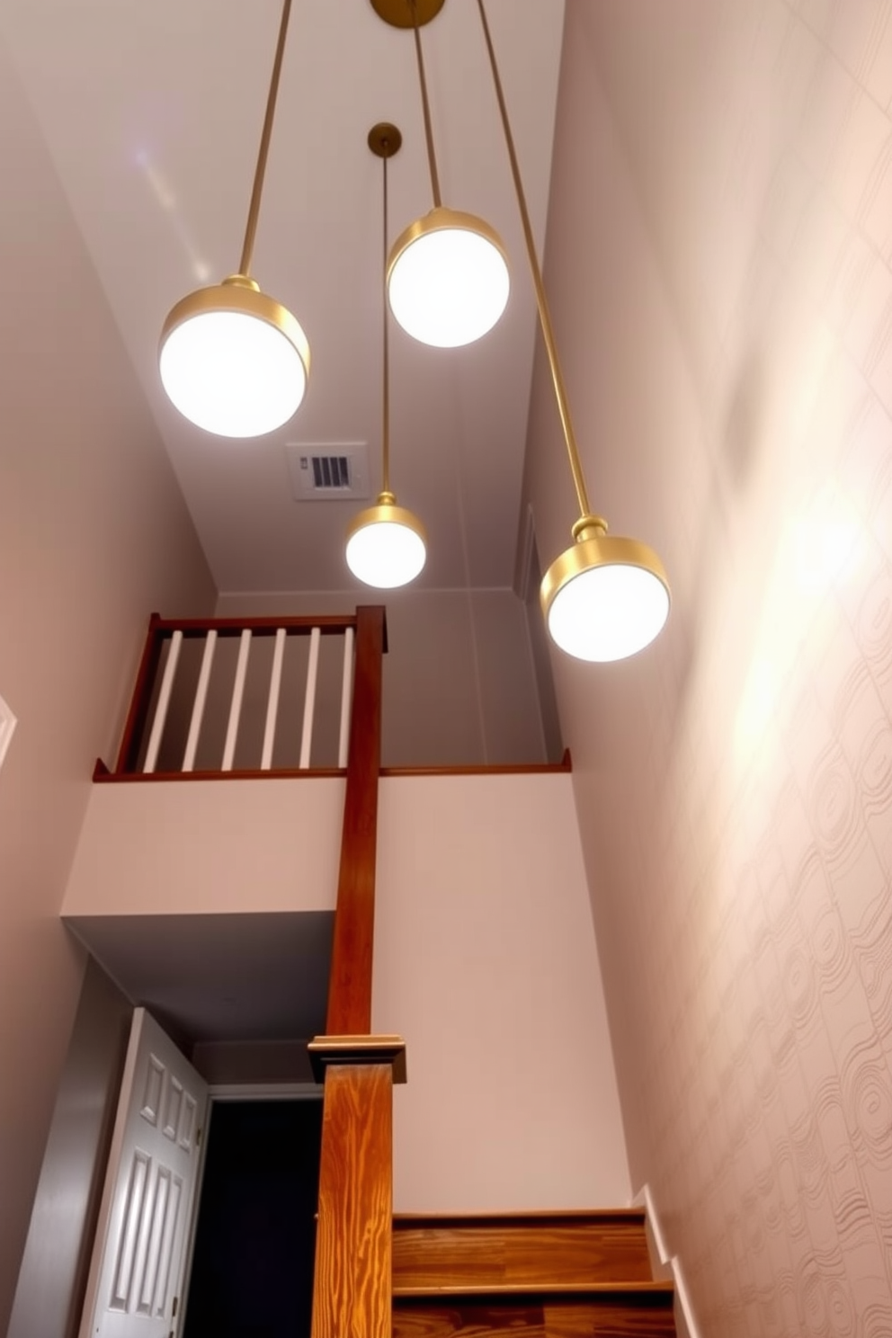 A cozy entryway featuring hanging pendant lights that create a warm and inviting atmosphere. The lights are made of brushed brass with a soft white glow, illuminating the space and highlighting the rich wood tones of the staircase. The staircase is designed with a modern twist, featuring a sleek wooden handrail and open risers for an airy feel. The walls are adorned with a subtle textured wallpaper in a soft neutral hue, adding depth and sophistication to the overall design.