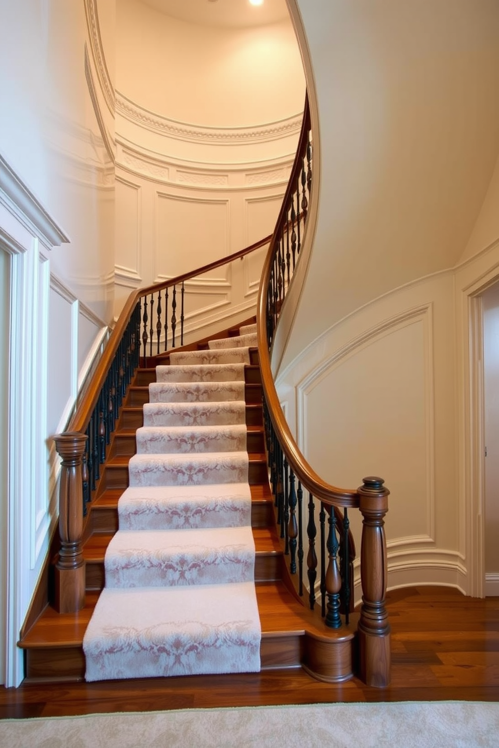 A grand staircase features intricate decorative molding along the walls, enhancing the elegance of the space. The staircase itself is adorned with a rich hardwood finish, complemented by a plush runner that adds warmth and texture. The walls surrounding the staircase are painted in a soft neutral color, allowing the decorative molding to stand out as a focal point. Accent lighting highlights the curves of the molding, creating a dramatic effect that transforms the staircase into a stunning architectural feature.