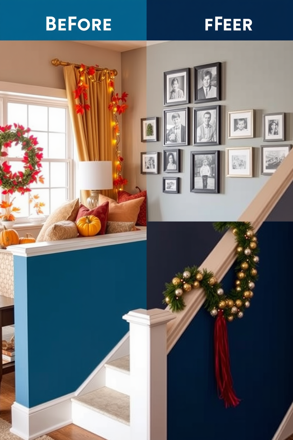 Seasonal decor that changes regularly. Imagine a cozy living room adorned with vibrant autumn leaves, pumpkins, and warm-toned throw pillows in September, transitioning to festive lights and ornaments for the winter holidays. Staircase wall design ideas. Visualize a staircase featuring a gallery wall with framed family photos on one side, complemented by a bold accent color on the opposite wall that adds depth and character to the space.