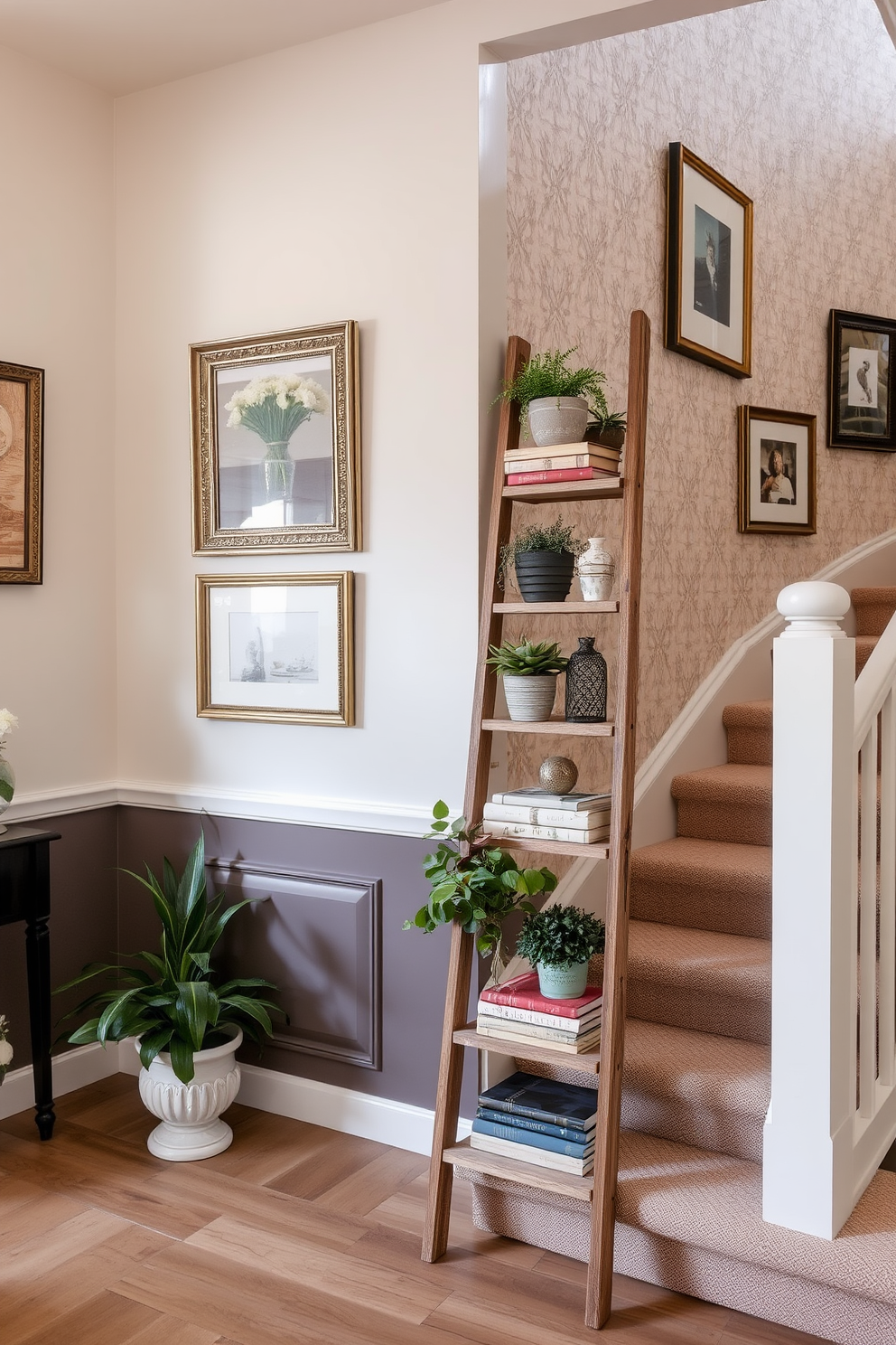 A vintage wooden ladder leans against a wall, showcasing an array of potted plants and decorative books. The ladder's rustic charm complements the soft, neutral tones of the surrounding decor. The staircase features an elegant wall design with a combination of textured wallpaper and framed artwork. This creates a visually striking focal point that enhances the overall ambiance of the space.