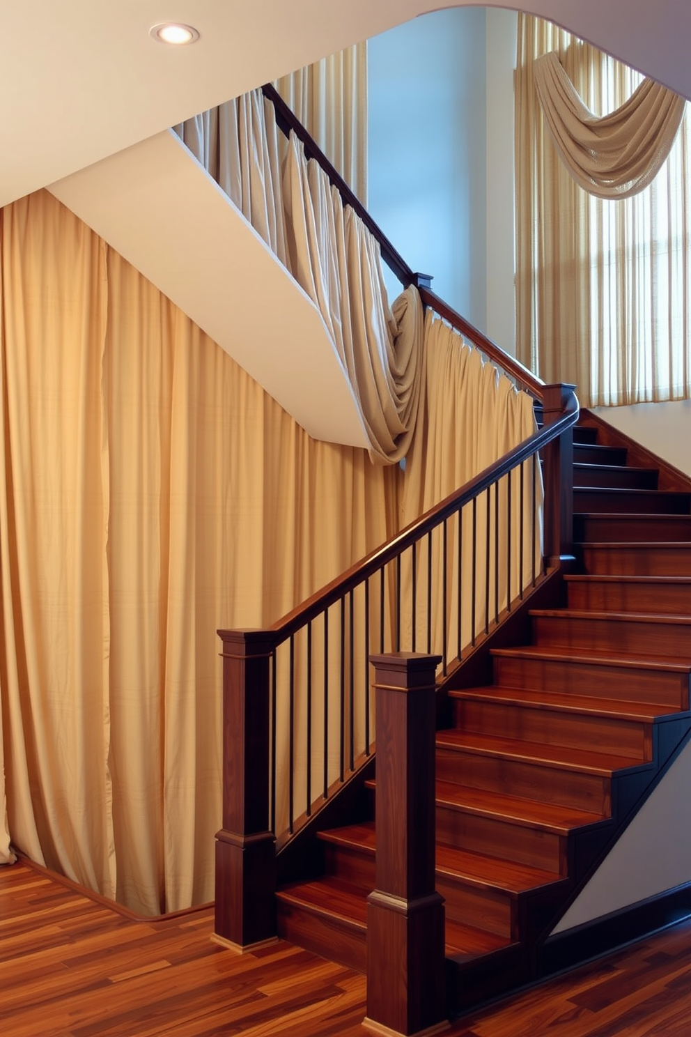 A stunning staircase featuring fabric wall hangings that add warmth and texture to the space. The fabric is draped elegantly along the walls, creating a cozy and inviting atmosphere. The staircase itself is crafted from rich hardwood, with a sleek railing that complements the fabric. Soft lighting highlights the texture of the fabric, enhancing the overall design and creating a striking visual impact.