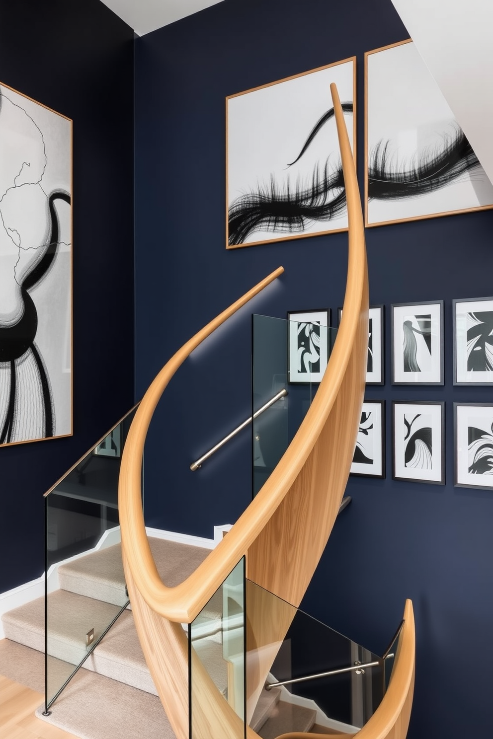 Sculptural elements for three-dimensional interest. A dynamic staircase features a sleek glass railing and a sculptural wooden banister that twists elegantly upwards. The walls surrounding the staircase are adorned with large, abstract wall art pieces that create a stunning visual impact and draw the eye upward. Staircase wall design ideas. The staircase walls are painted in a rich navy blue, providing a dramatic backdrop for a series of framed black and white photographs. Integrated lighting along the staircase highlights the artwork and adds a warm ambiance to the space.