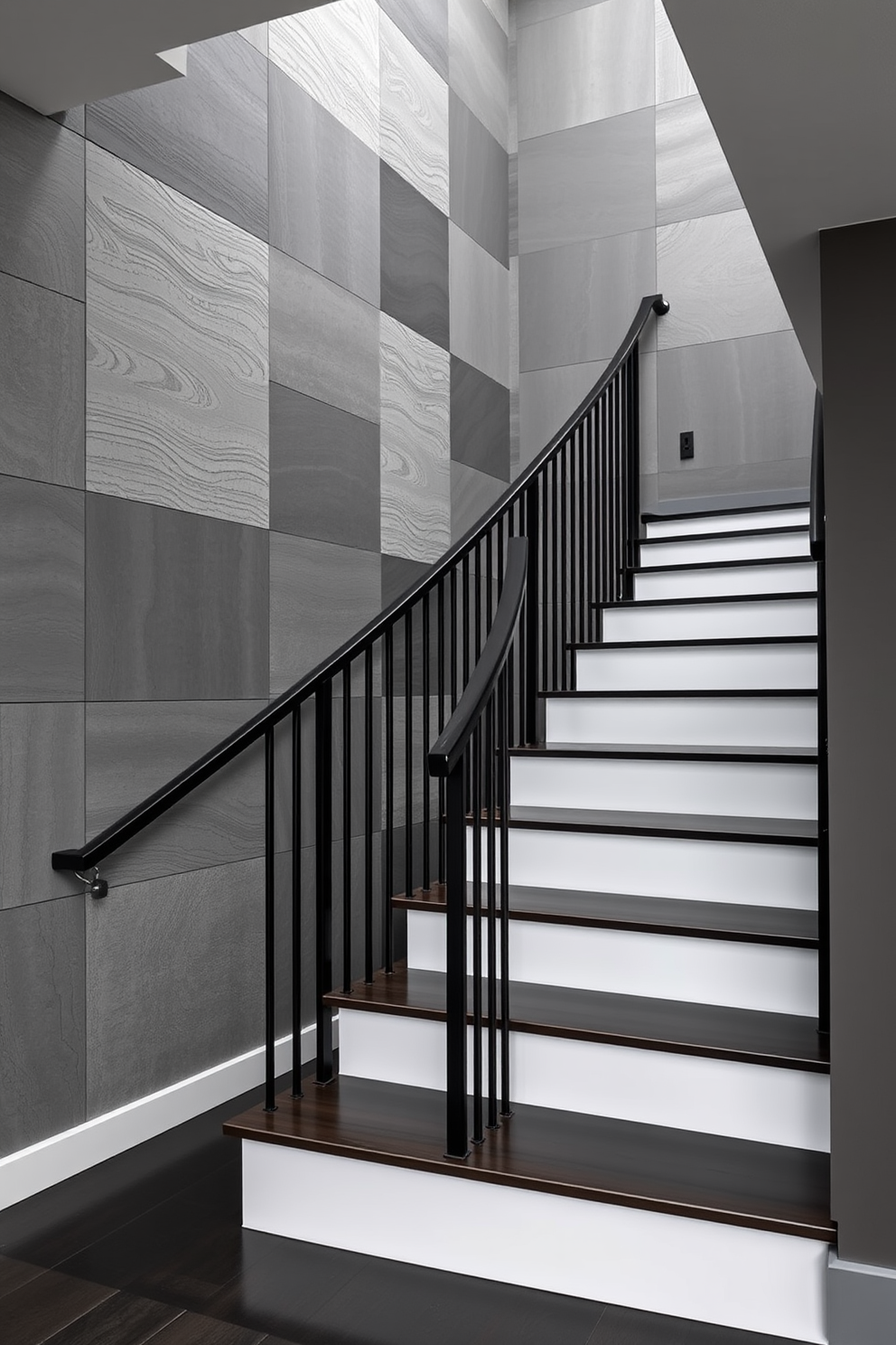 A stunning staircase design with a monochromatic color scheme that exudes sophistication. The walls are adorned with textured panels in varying shades of gray, creating depth and interest. The staircase itself features sleek black railings and white risers that contrast beautifully with the dark wood treads. Soft lighting highlights the clean lines and elegant curves of the staircase, enhancing its visual appeal.