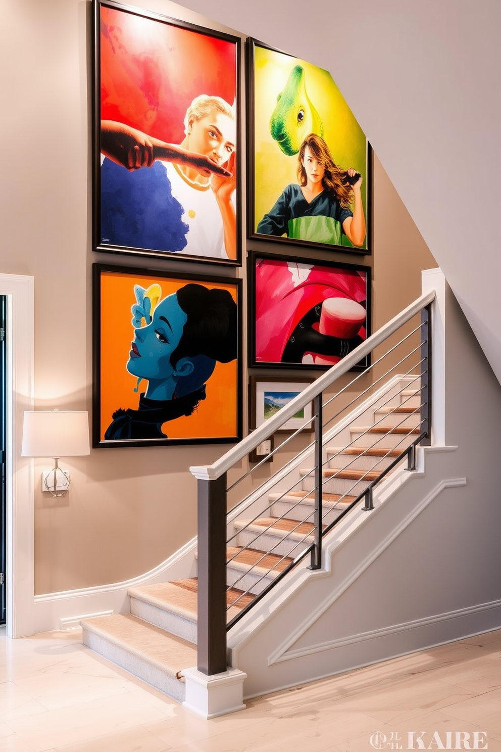 A striking staircase wall adorned with large framed artwork creates a bold focal point in the entryway. The artwork features vibrant colors that complement the surrounding decor, enhancing the overall aesthetic of the space. The staircase is elegantly designed with a modern railing that contrasts beautifully with the artwork. Soft lighting highlights the pieces, drawing attention and inviting guests to appreciate the artistic display.