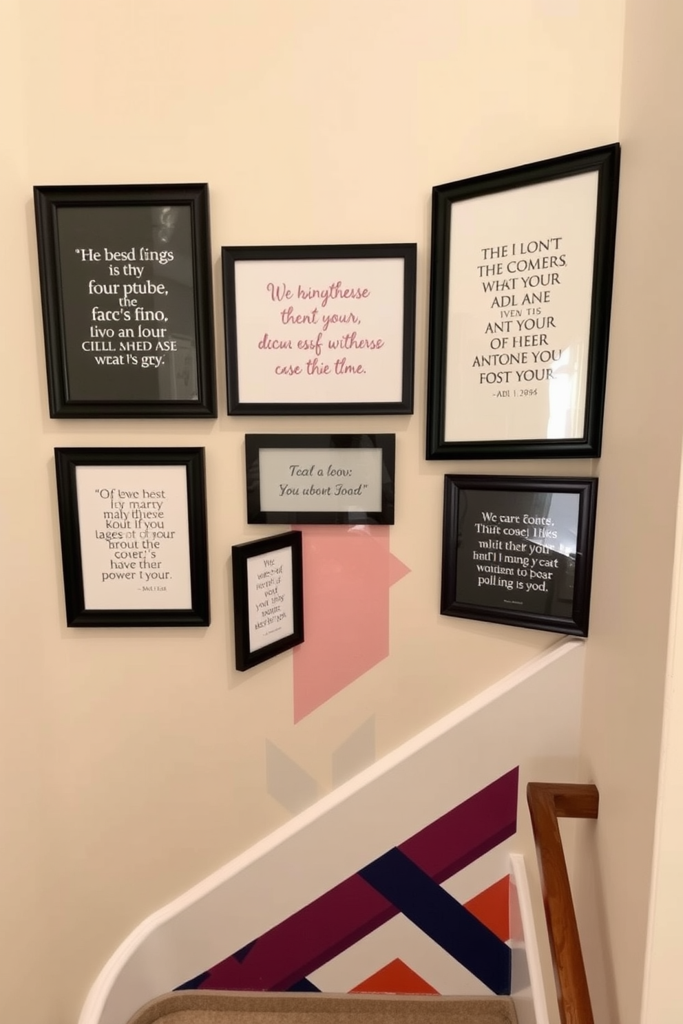 Inspirational quotes are elegantly displayed in stylish frames that complement the overall decor. The frames are arranged in a gallery style, featuring a mix of colors and textures that enhance the visual interest of the wall. The staircase features a striking wall design that incorporates bold colors and geometric patterns. This design creates a dynamic focal point, drawing the eye upward as one ascends the stairs.