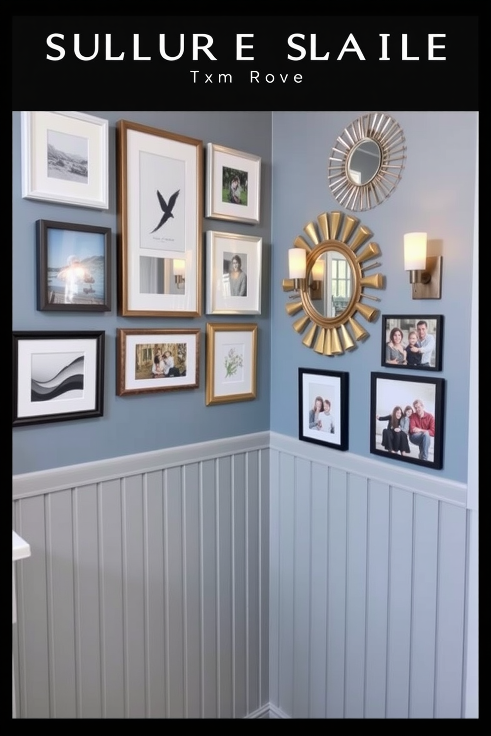 A gallery wall featuring a cohesive color palette that harmonizes with the surrounding decor. The arrangement includes a mix of framed art pieces, photographs, and decorative mirrors that complement each other in tones of blue, gold, and white. Staircase wall design ideas that incorporate vertical wood paneling painted in a soft gray shade. Accentuate the space with wall sconces that provide warm lighting and a series of framed family photos that add a personal touch.