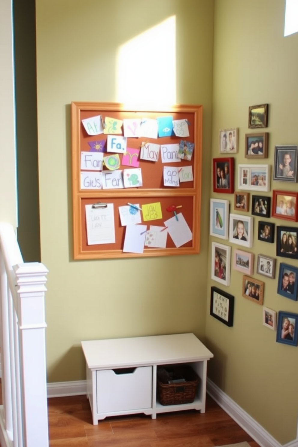 A vibrant corkboard filled with colorful kids artwork is mounted on a bright wall. The corkboard is framed in natural wood, and below it, a small bench with storage for art supplies complements the playful display. The staircase features a stunning wall design with a gallery of family photos in various frames. Each frame is arranged in an artistic layout, creating a warm and inviting atmosphere as you ascend the stairs.