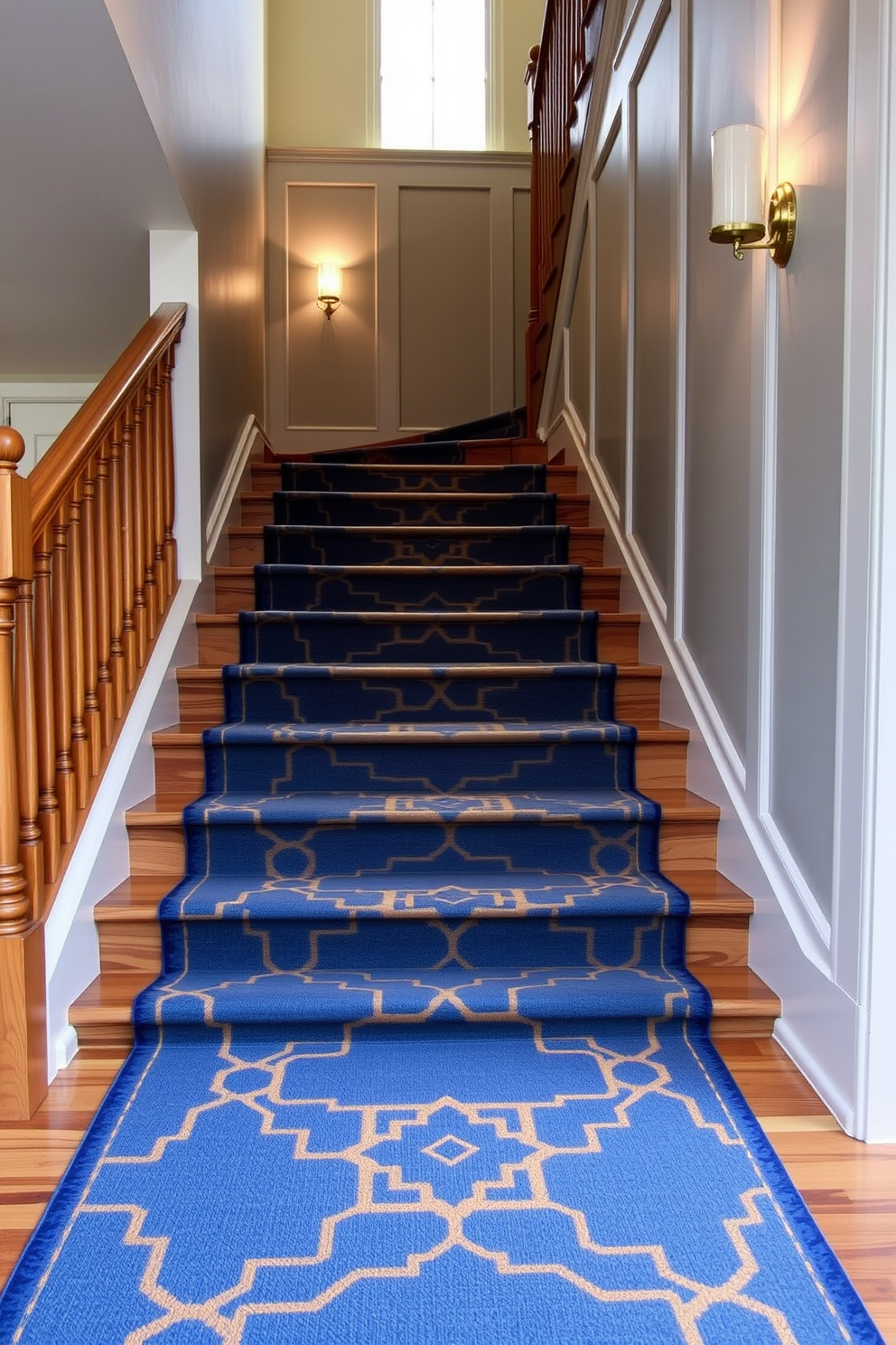 A stunning staircase runner featuring a vibrant geometric pattern in shades of blue and gold gracefully guides the eye along the steps. The runner complements the warm wooden tones of the staircase, creating a harmonious blend of color and texture. For the staircase wall design, consider a sleek paneling treatment painted in a soft gray, accented with elegant wall sconces that cast a warm glow. This design not only adds depth but also enhances the overall ambiance of the staircase area.