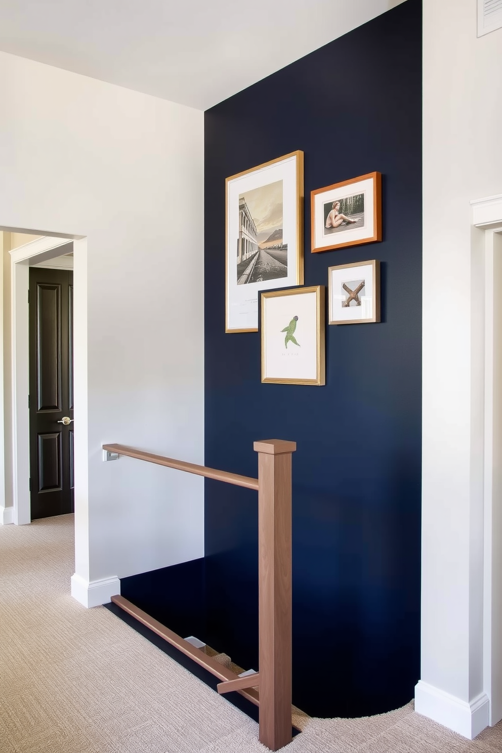 A striking accent wall features a bold paint choice in a deep navy blue that contrasts beautifully with the surrounding neutral tones. This wall serves as a focal point in the room, adorned with carefully selected artwork that enhances its dramatic effect. The staircase is designed with a sleek modern railing that complements the bold paint choice of the adjacent wall. The walls along the staircase are decorated with subtle texture and soft lighting, creating an inviting atmosphere as one ascends.