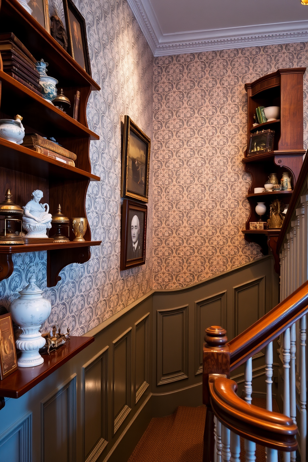 A charming display of antique collectibles is arranged on elegant wooden shelves that line the walls. Each shelf showcases a variety of vintage items, including porcelain figurines, old books, and unique trinkets that tell a story. The staircase features a stunning wall design that combines textured wallpaper with classic wainscoting. Soft, ambient lighting highlights the architectural details and creates an inviting atmosphere as you ascend the stairs.