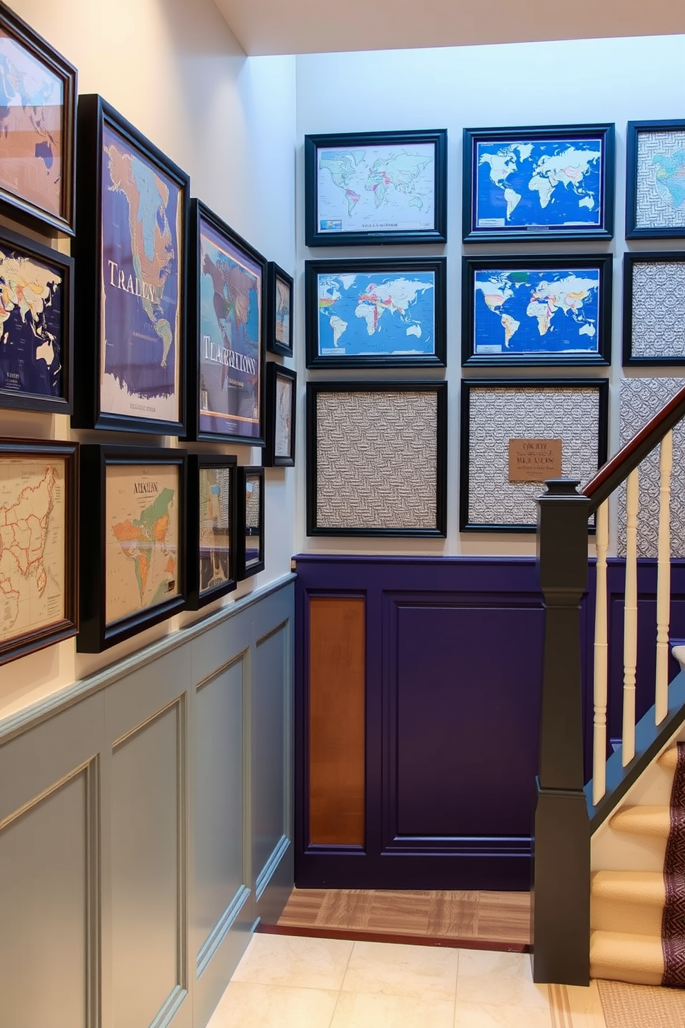 Framed travel maps are displayed on the wall, each map showcasing a different destination that holds special memories. The maps are arranged in a gallery style, with varying frame sizes and finishes to create an eclectic yet cohesive look. The staircase features a striking wall design, incorporating a combination of textured panels and bold paint colors. Soft lighting highlights the unique patterns, adding depth and character to the space.