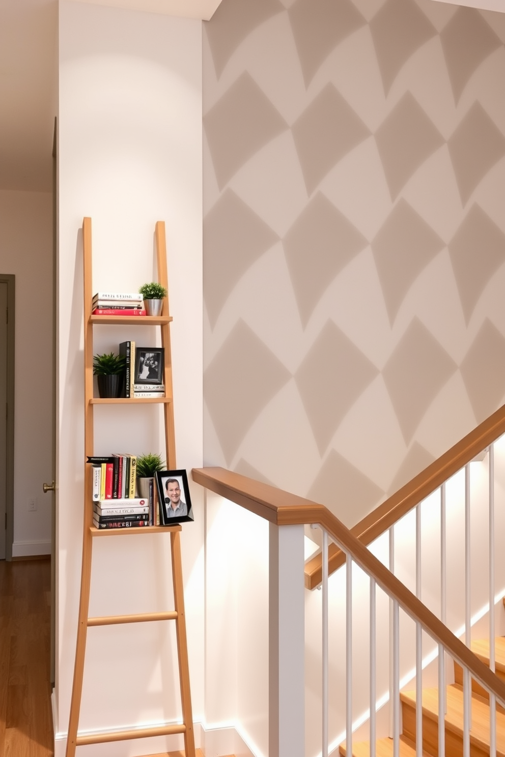 A stylish ladder shelf made of natural wood leans against a white wall, showcasing an array of colorful books and decorative items. The shelf is adorned with potted plants and framed photos, creating a warm and inviting atmosphere. The staircase features a striking wall design with geometric patterns in soft gray and white tones, enhancing the modern aesthetic of the space. Accent lighting highlights the unique shapes, drawing attention to the elegant curves of the staircase railing.