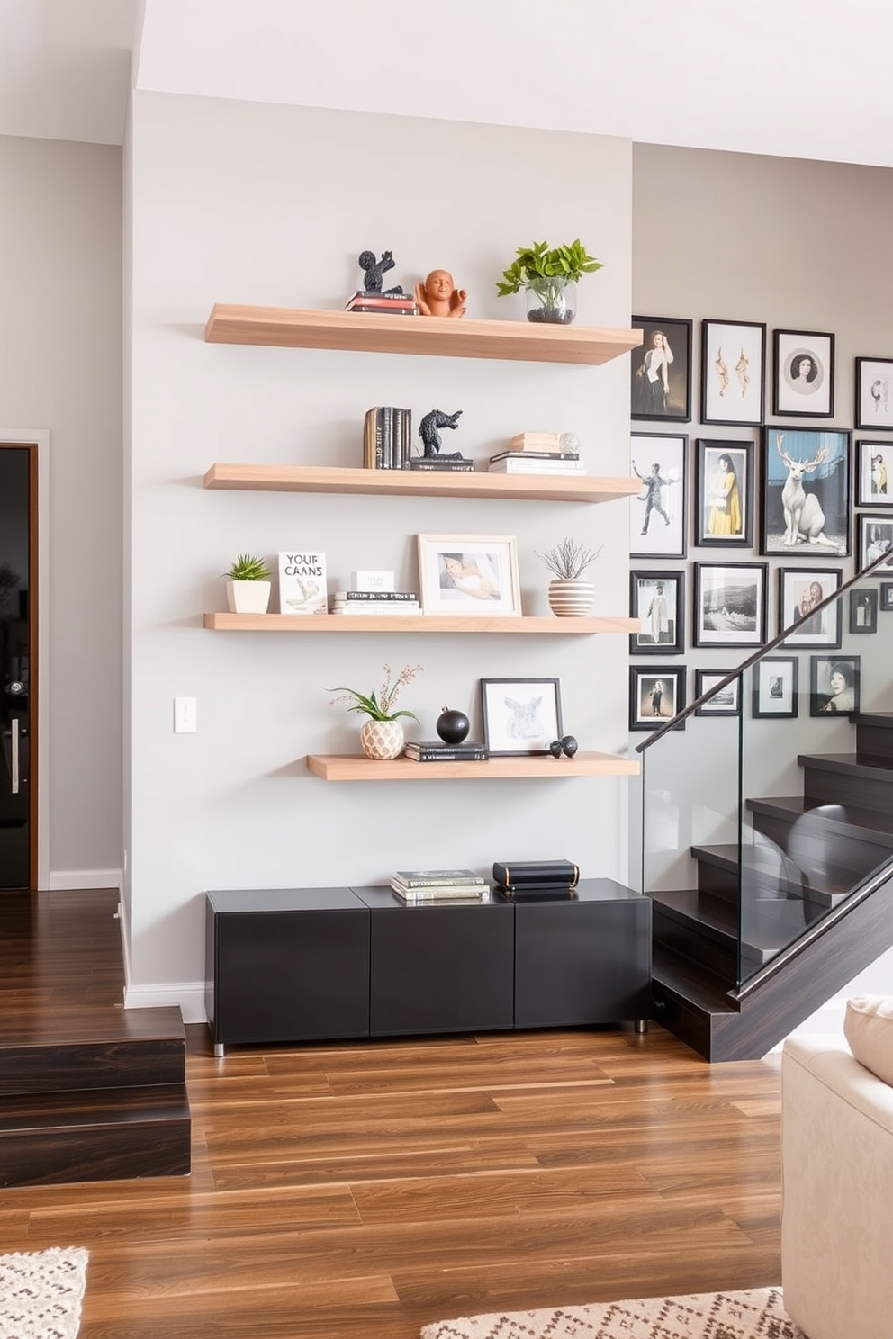 A modern living room featuring floating shelves that display a curated selection of decorative items such as books, plants, and art pieces. The shelves are made of light wood and are mounted against a soft gray wall, creating a stylish focal point in the space. A grand staircase with a sleek design that incorporates glass railings and dark wooden steps. The walls alongside the staircase are adorned with a gallery of framed artwork, adding a personal touch and enhancing the overall elegance of the home.