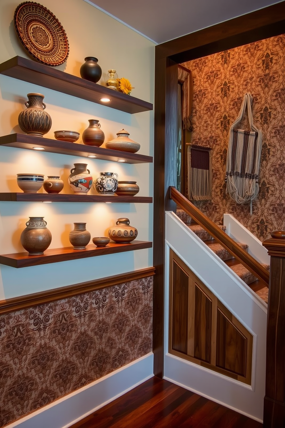 Artisan crafts are elegantly displayed on the wall, showcasing a variety of handmade pottery and woven textiles. The warm lighting highlights the intricate details of each piece, creating a cozy and inviting atmosphere. The staircase features a striking wall design with a mix of wood paneling and decorative wallpaper. This combination adds depth and character to the space, making the staircase a focal point in the home.