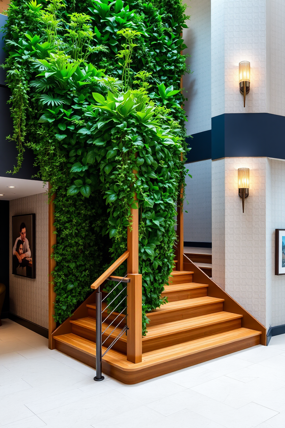 A vertical garden filled with lush indoor plants creates a vibrant and refreshing atmosphere. The greenery cascades down a wooden frame, bringing nature indoors and enhancing the overall aesthetic of the space. A grand staircase features a sleek design with elegant wooden steps and a minimalist metal railing. The walls alongside the staircase are adorned with contemporary artwork, adding a touch of sophistication and style. The wall design ideas include an accent wall painted in a rich navy blue, complemented by textured wallpaper in a subtle pattern. Decorative wall sconces illuminate the space, highlighting the design and creating a warm ambiance.