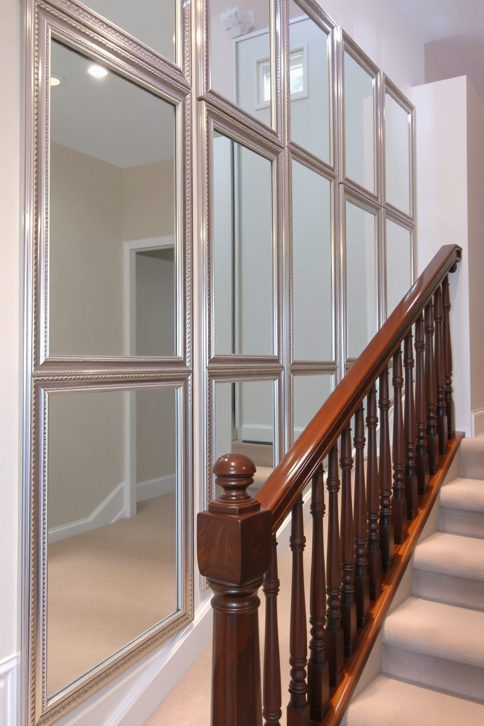 A stunning staircase features a mirrored wall that reflects light and creates an illusion of space. The mirrors are framed in an elegant silver finish, enhancing the overall sophistication of the design. The staircase itself is adorned with a rich wooden handrail and plush carpeting that complements the mirrored wall. The walls are painted in a soft neutral tone, allowing the reflections to shine and the space to feel airy.