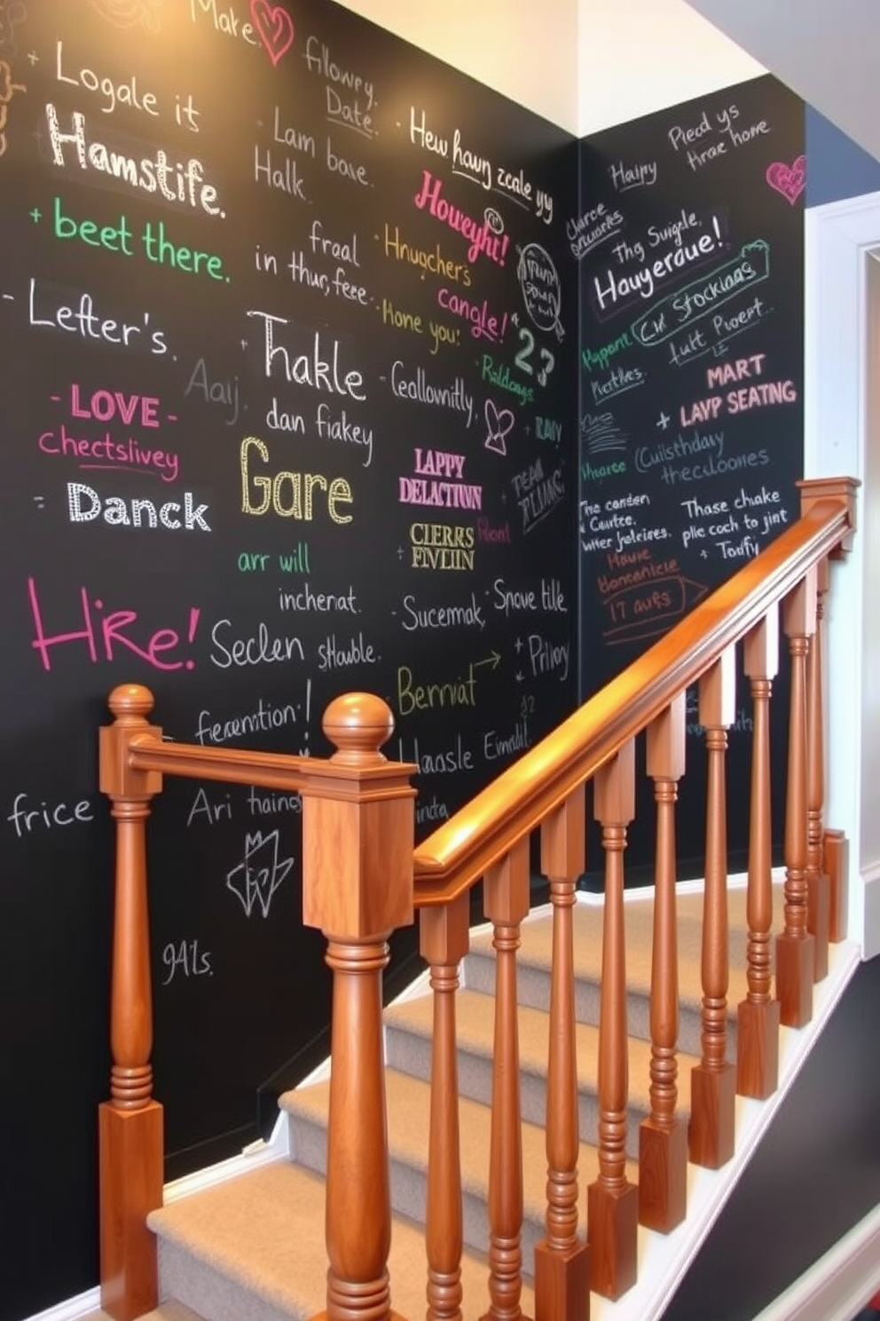 A stylish staircase featuring a wall coated in chalkboard paint invites creativity and personalization. The space is adorned with various colorful chalk messages and drawings, enhancing the playful atmosphere. The staircase itself is framed by elegant wooden railings that complement the chalkboard wall. Soft lighting highlights the artistic expressions, creating a warm and inviting focal point in the home.