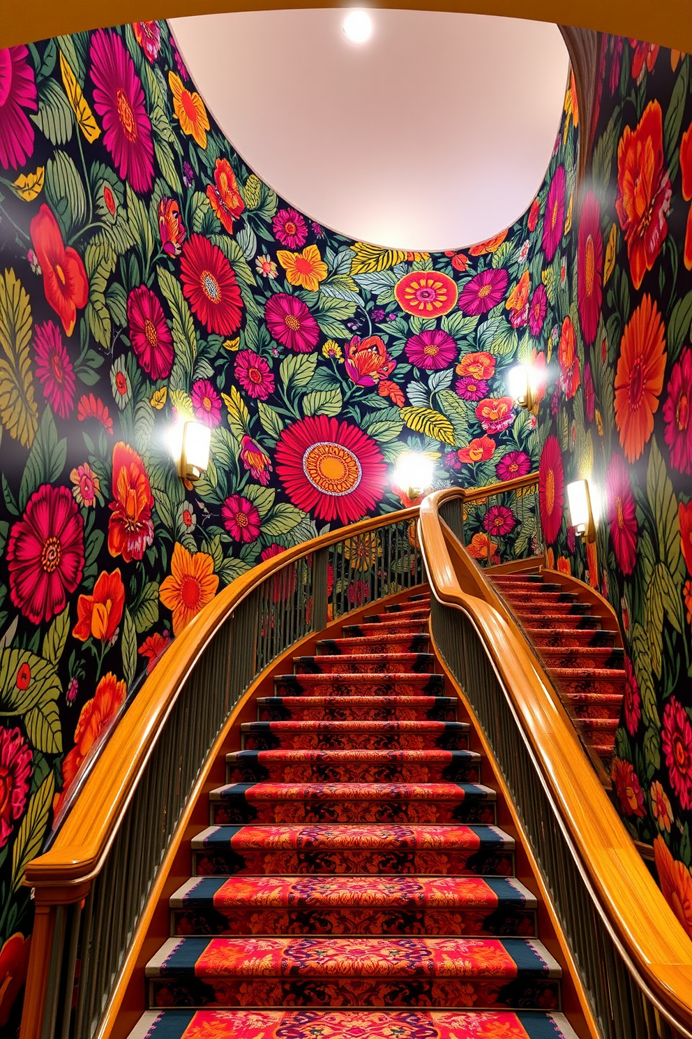 A vibrant and eye-catching wallpaper adorns the walls of a grand staircase, featuring a mix of floral and geometric patterns in bright hues. The bold design creates a lively atmosphere, drawing attention to the elegant curves of the staircase and enhancing the overall aesthetic of the space. The staircase is framed by a sleek wooden railing that contrasts beautifully with the colorful wallpaper. Soft lighting fixtures are strategically placed to highlight the intricate details of the wall design, creating a warm and inviting ambiance.