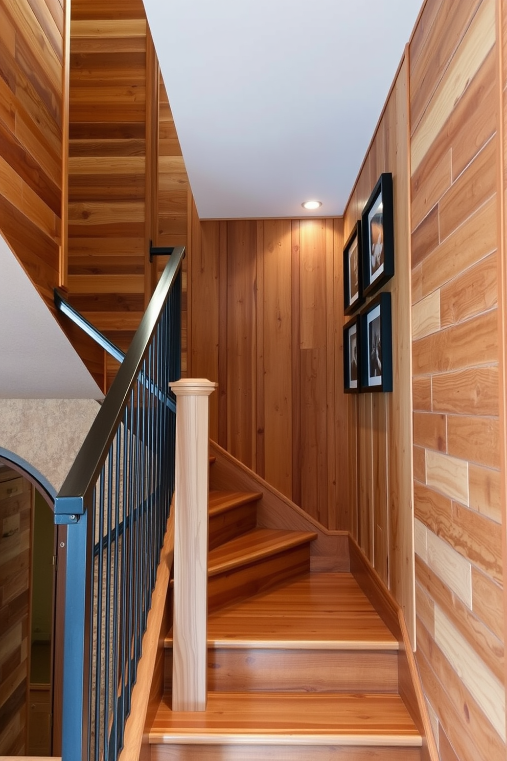 Rustic wood paneling envelops the staircase, creating a warm and inviting atmosphere. The natural textures of the wood contrast beautifully with the sleek metal railing, enhancing the overall aesthetic. On the wall beside the staircase, a series of framed black and white photographs are arranged in a gallery style. Soft ambient lighting highlights the artwork, adding a touch of elegance to the rustic charm.