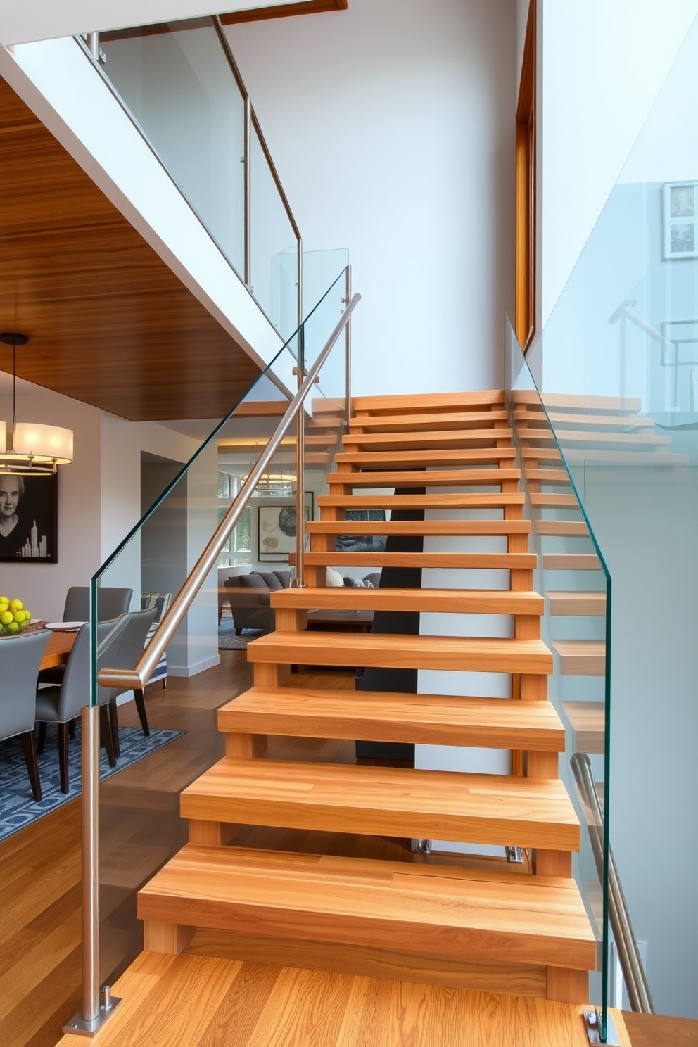 A stunning open staircase features a sleek glass railing that enhances the modern aesthetic of the space. The stairs are made of polished wood, creating a warm contrast with the airy glass elements. In the dining room, the staircase serves as a striking architectural feature that complements the overall design. Natural light floods the area, highlighting the elegant details of both the staircase and the dining space.