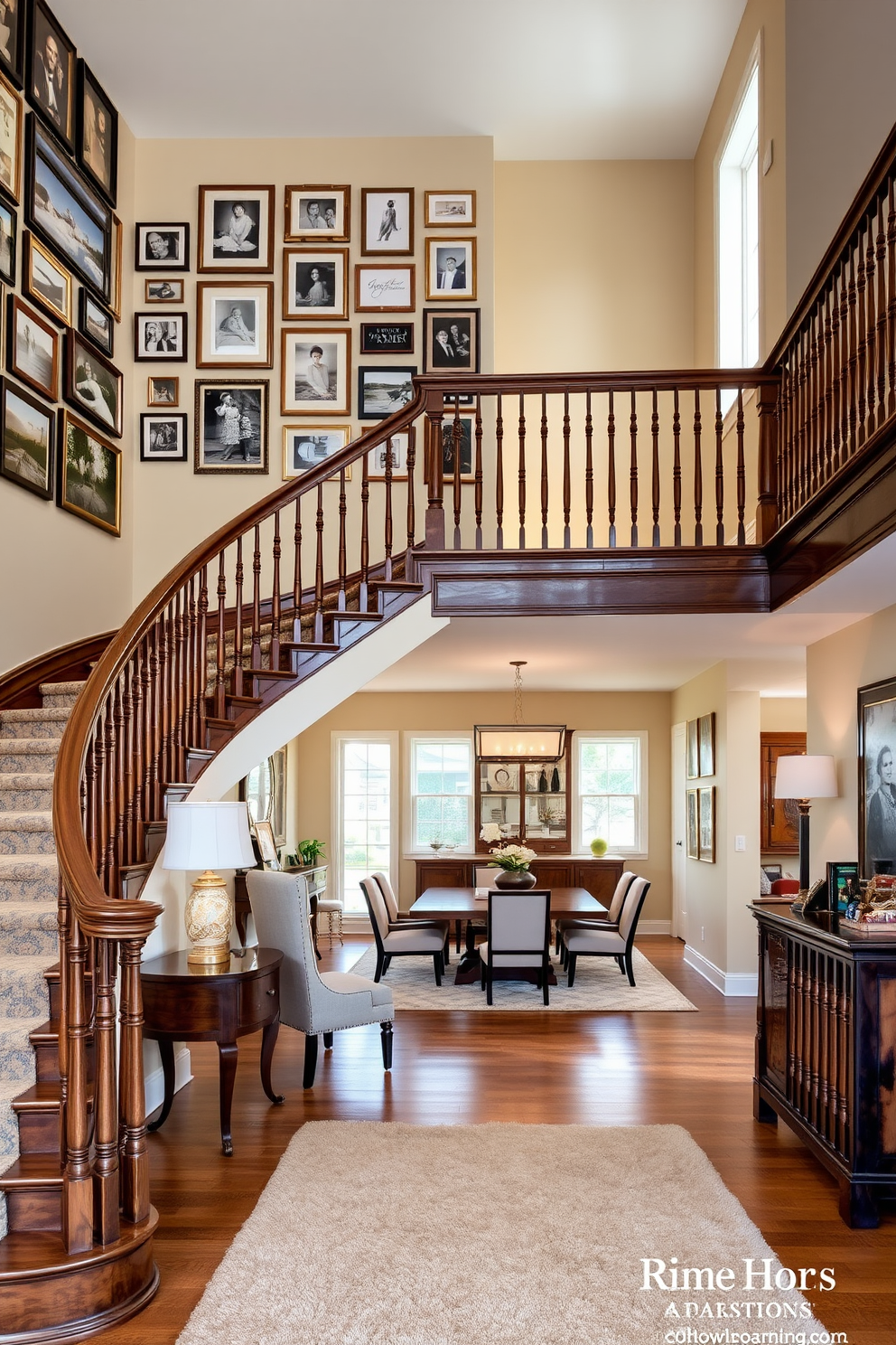 A grand staircase with a gallery wall display showcasing a mix of framed artwork and family photographs. The staircase features elegant wooden railings and a plush runner that adds warmth to the space. A stylish dining room with an open staircase that creates a seamless flow between levels. The dining area is adorned with a modern chandelier, a large wooden table, and upholstered chairs, complemented by the staircase’s design elements.