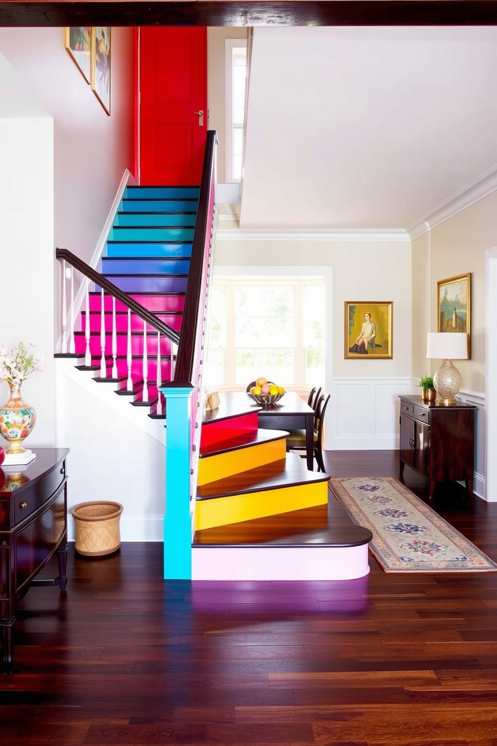 Brightly painted staircase with contrasting treads. The staircase features vibrant colors that create a striking focal point in the dining room, complemented by dark wooden treads for added contrast. Dining room design ideas incorporate the staircase seamlessly into the overall aesthetic. The surrounding walls are adorned with artwork that enhances the lively atmosphere while maintaining a cohesive look.